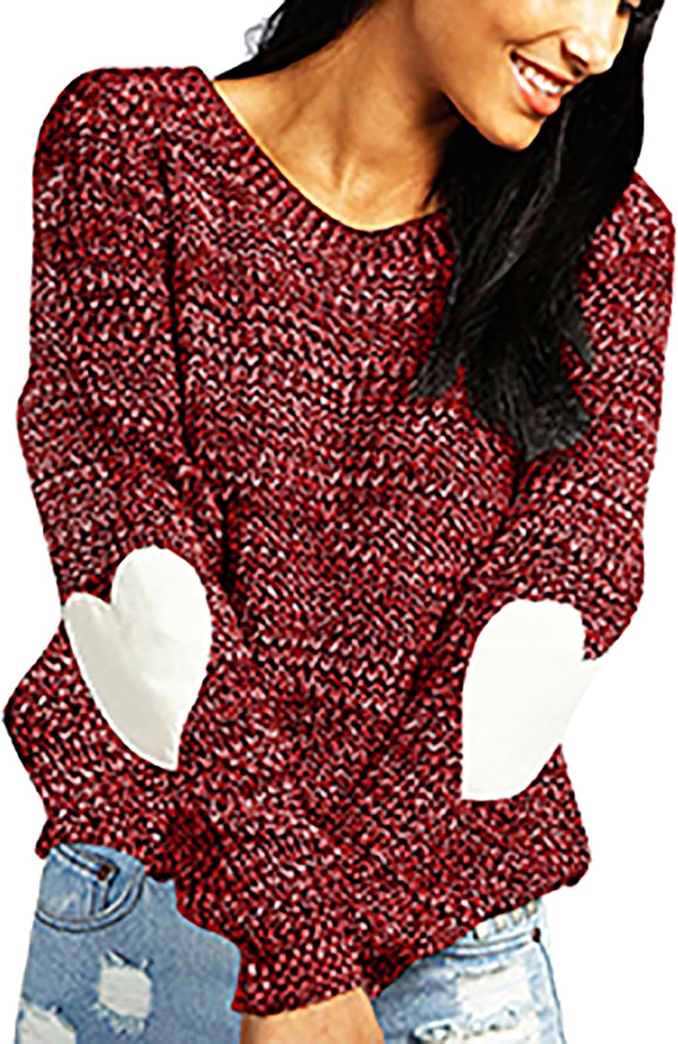 Shermie Women's Sweater, Special Cute Heart Pattern Elbow Patchwork Knitted Swea...