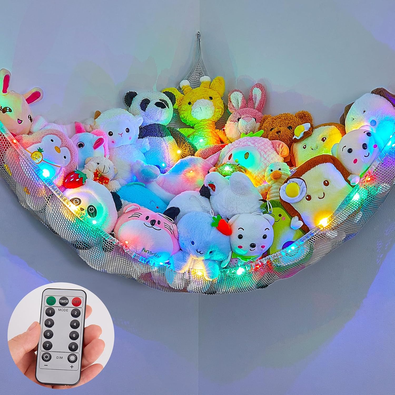 MHJY Toy Hammock Stuffed Animals Toy Storage Net with LED Light Large Corner Han...