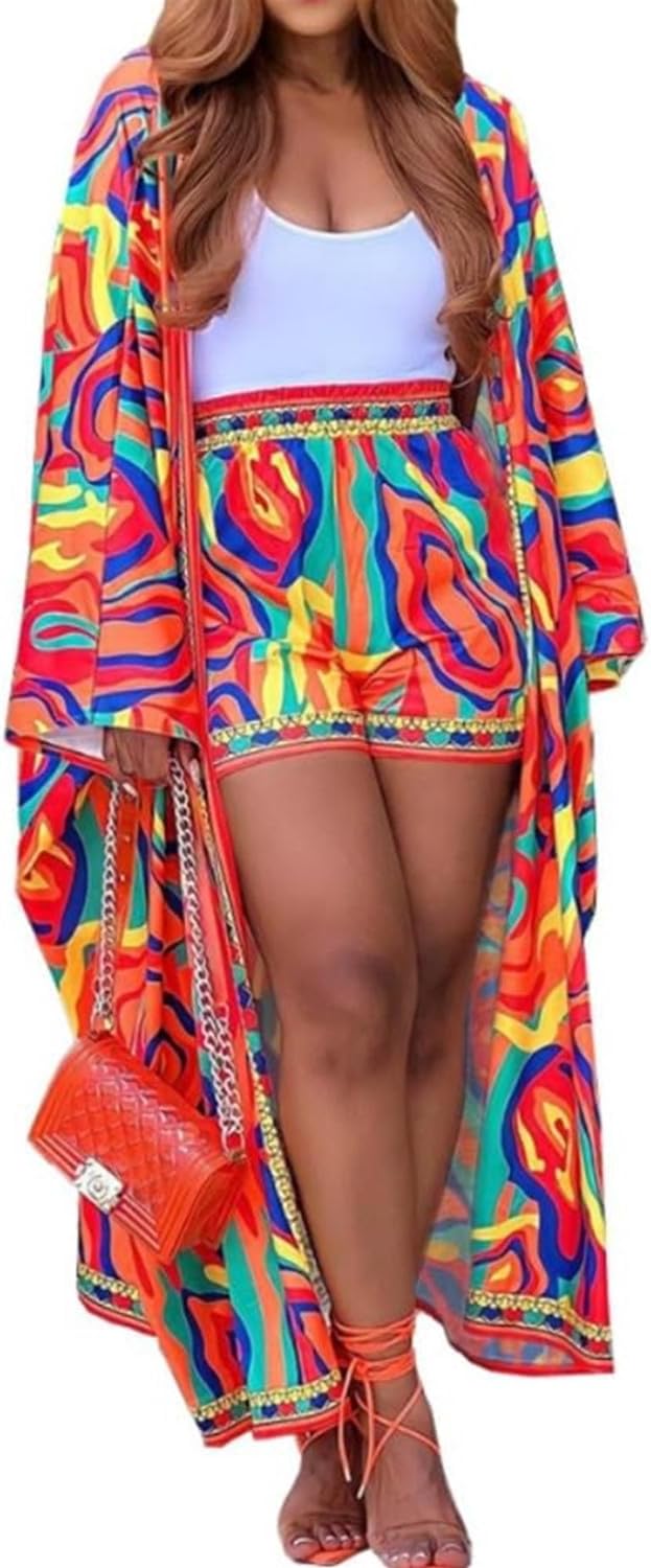 QegarTop Kimono Shorts Set for Women Two Piece Summer Vacation Outfits Flowy Bea...