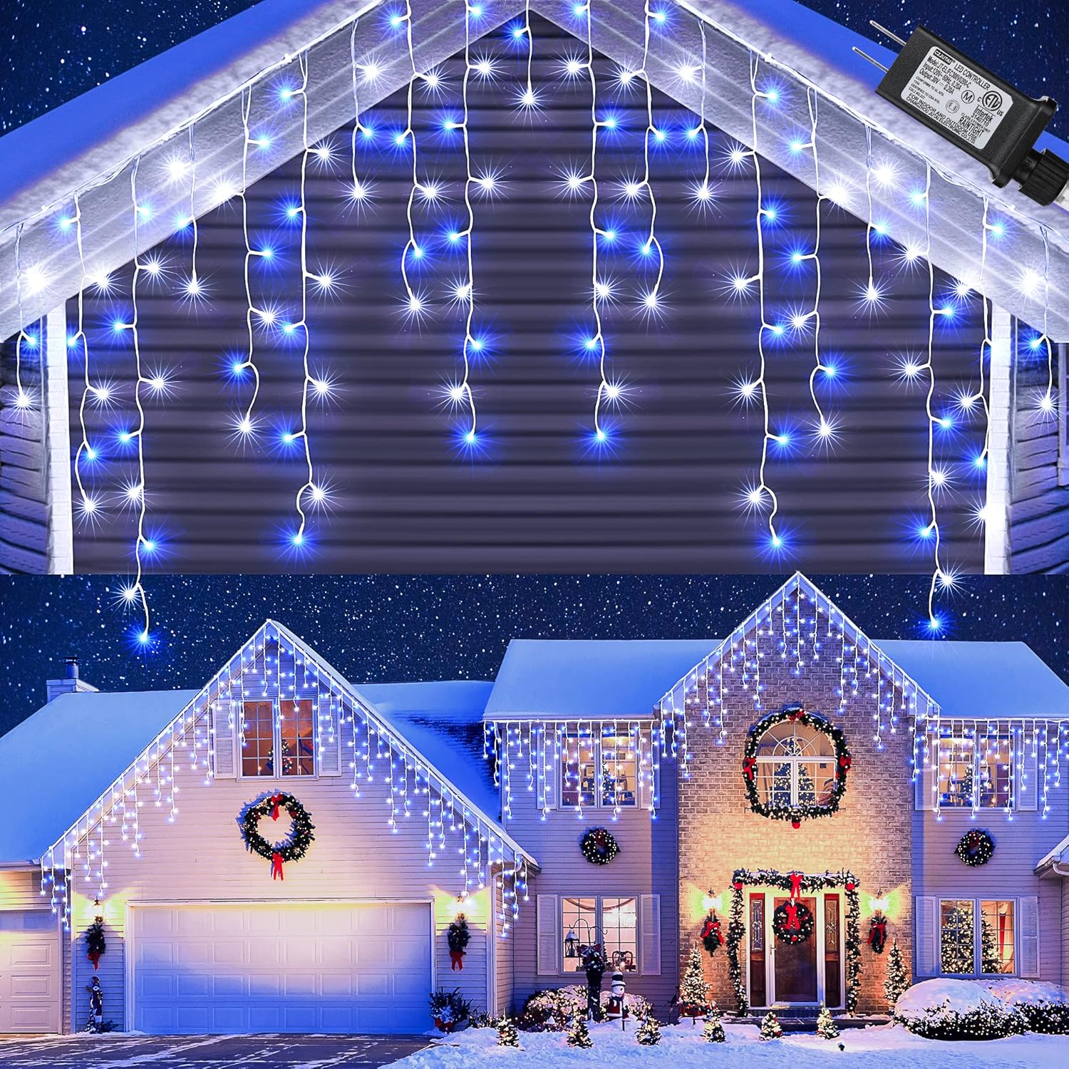 Toodour White & Blue Christmas Icicle Lights, 29.5ft 360 LED Icicle Lights, 8 Mo...