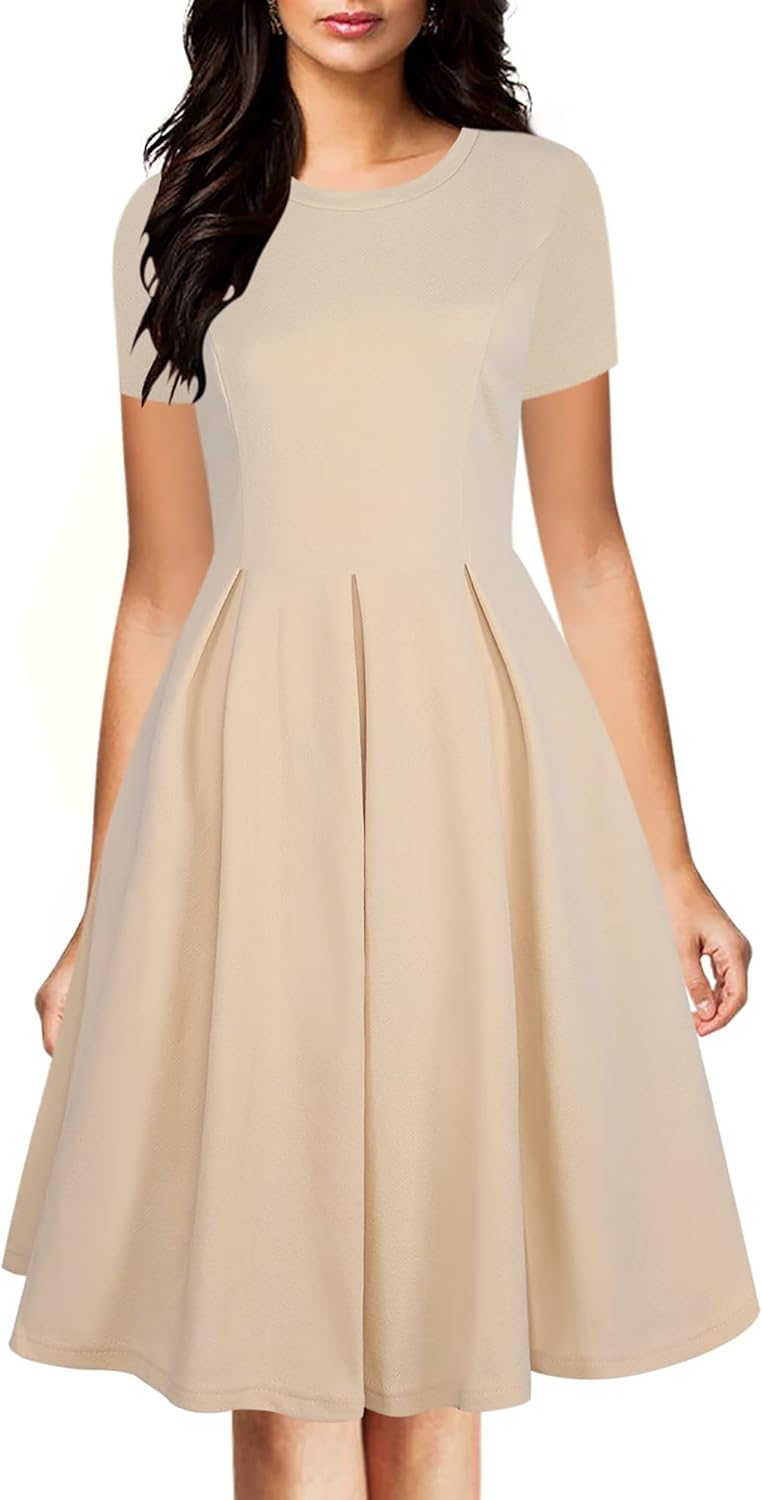 oxiuly Women's Vintage Half Sleeve O-Neck Contrast Casual Pockets Party Swing Dr...
