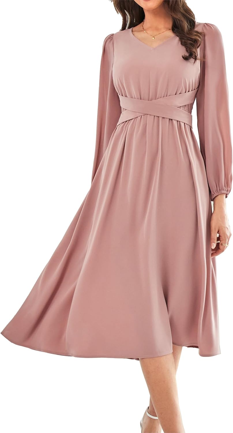GRACE KARIN 2024 Women's V Neck Dress Casual Long Sleeve A Line Flowy Dresses Pa...