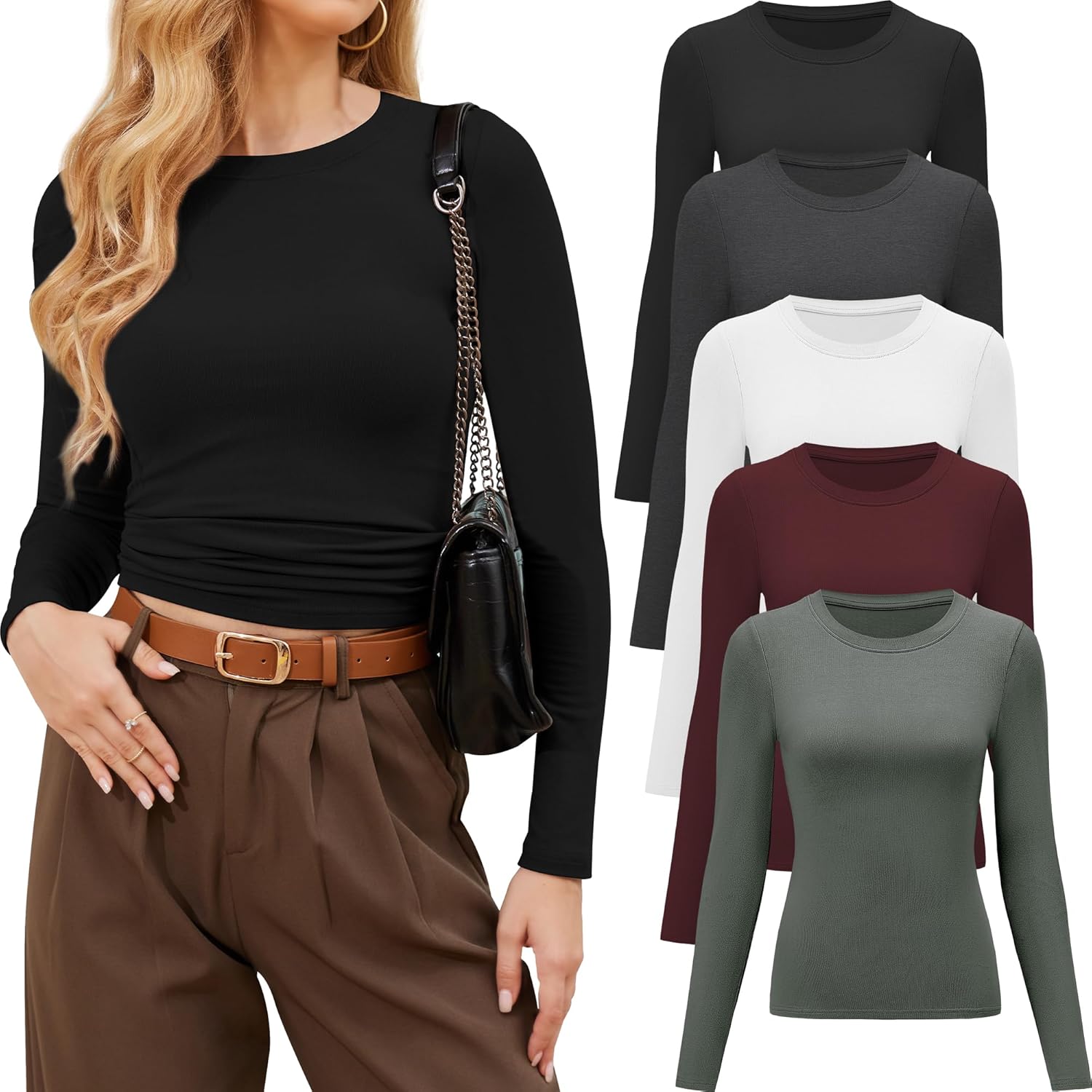CE' CERDR 3/5 Pack Womens Long Sleeve Shirts Crew Neck Basic Tees Tight Fitted C...