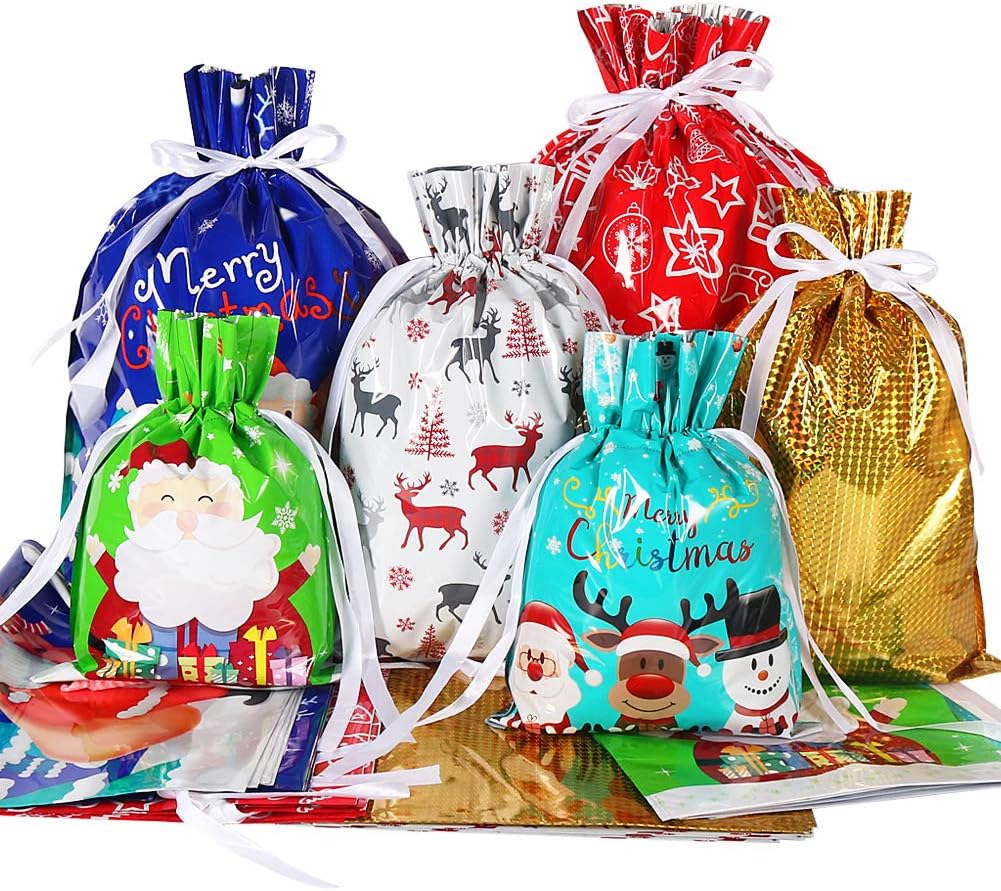 HRX Package Holiday Drawstring Gift Bags, 30pcs Christmas Foil Gift Wrapping Sac...