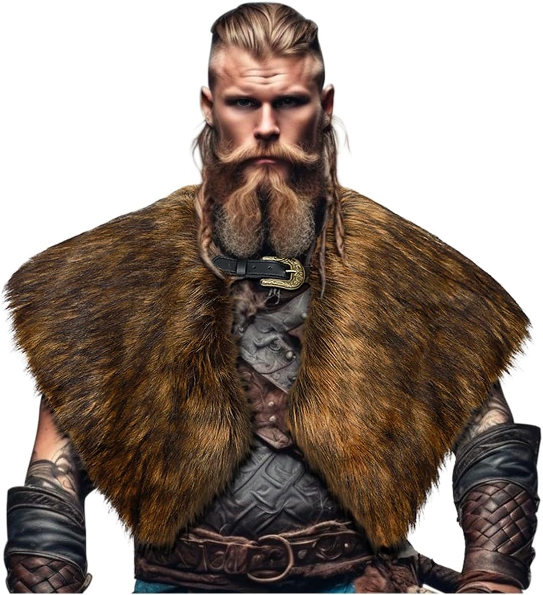 L'VOW Men Viking Fur Shawl Medieval Faux Fur Mantle Shoulder Wrap Collar Warrior...