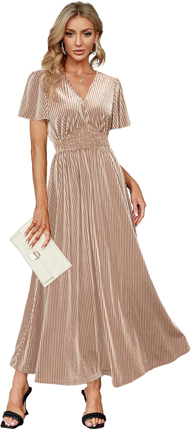 Simplee Women’s V Neck Velvet Maxi Dress Short Sleeve Empire Waist Long Formal D...