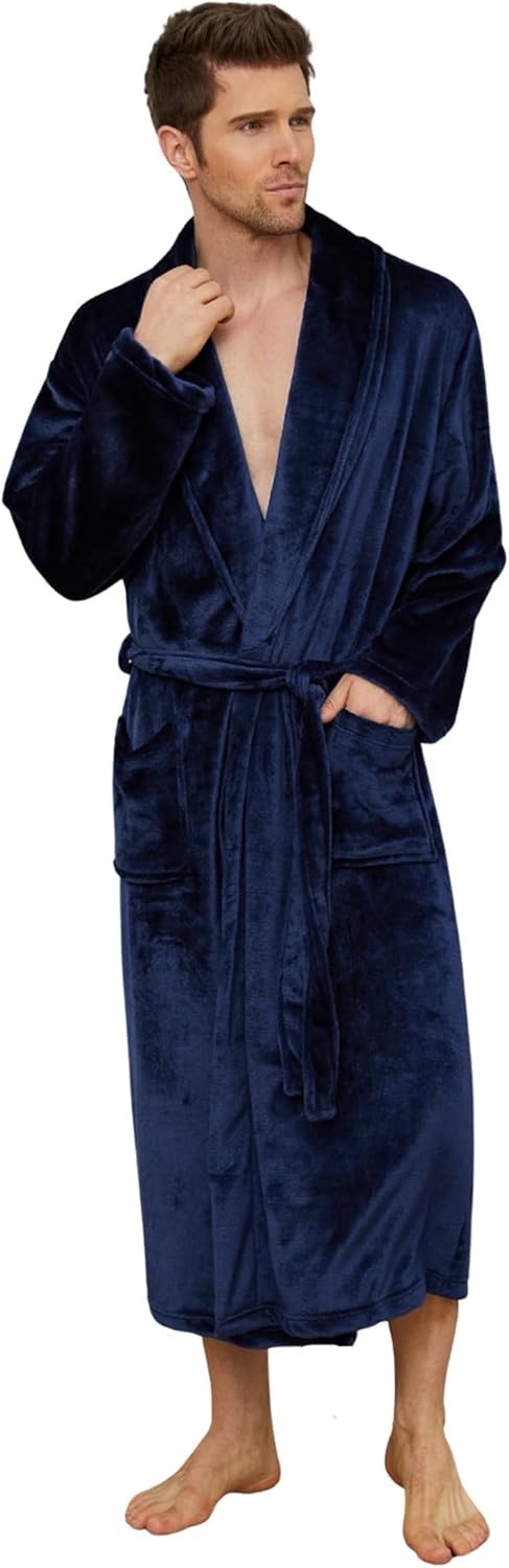 U2SKIIN Mens Fleece Robe Plush Collar Shawl Bathrobe Small-Medium Navy