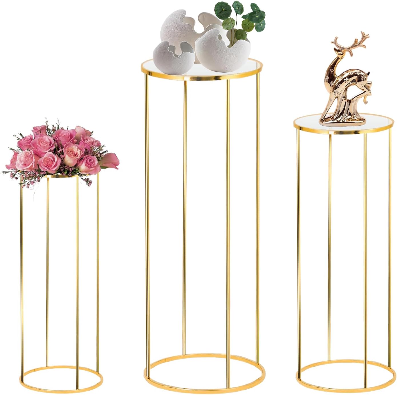 3PCS Cylinder Pedestal Stands for Parties, Gold Metal Plant Round Cylinder Stand...