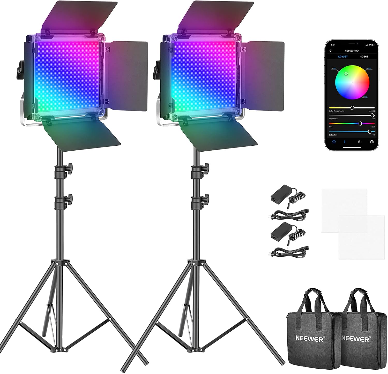 NEEWER 2 Pack 660 PRO RGB LED Video Light with App Control Stand Kit, 360° Full...