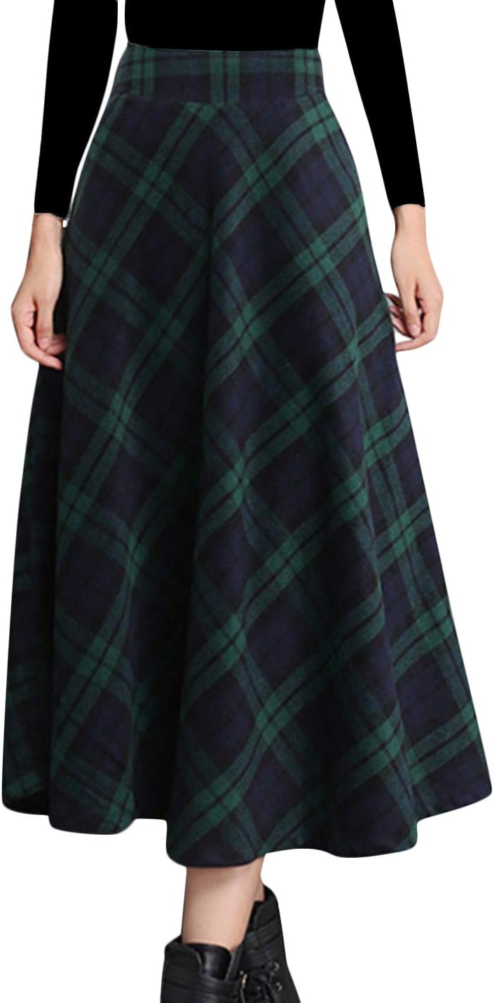 Tanming Women's Winter Warm Elastic Waist Wool Plaid A-Line Pleated Long Skirt G...