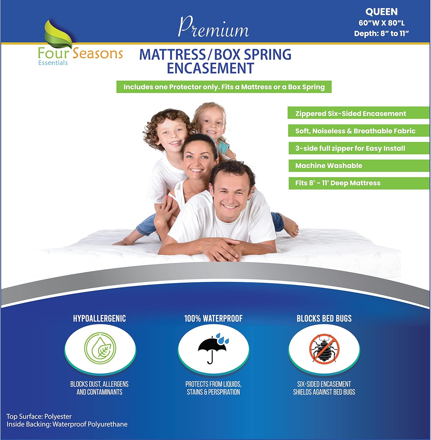 Mattress Protector, Queen Mattress or Box Spring Protector (8"-11" Depth) with Z...