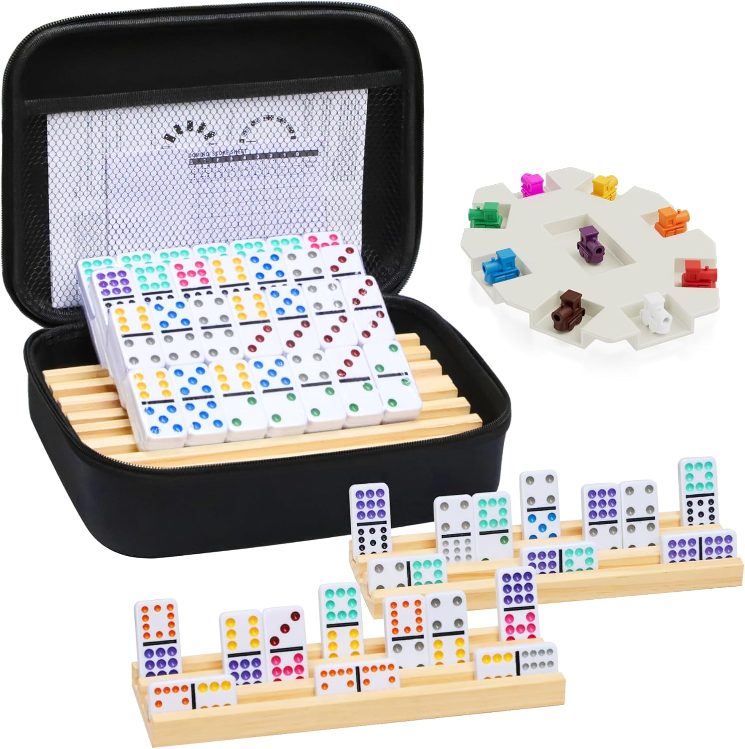 Mexican Train Dominoes Set with 4 Wooden Trays/Racks, Double 12 Dominos Travel S...