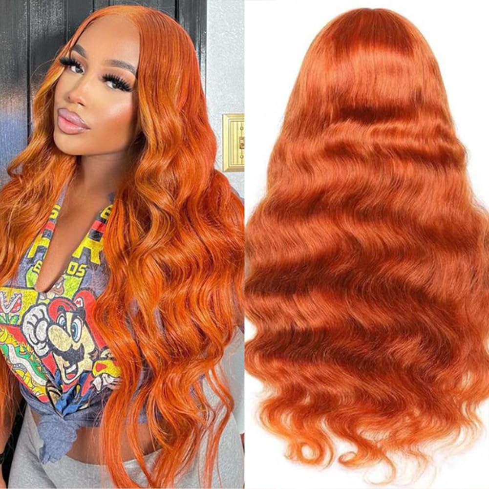 Ginger Orange Lace Front Wigs Human Hair Pre Plucked 180% Density Body Wave 13x4...