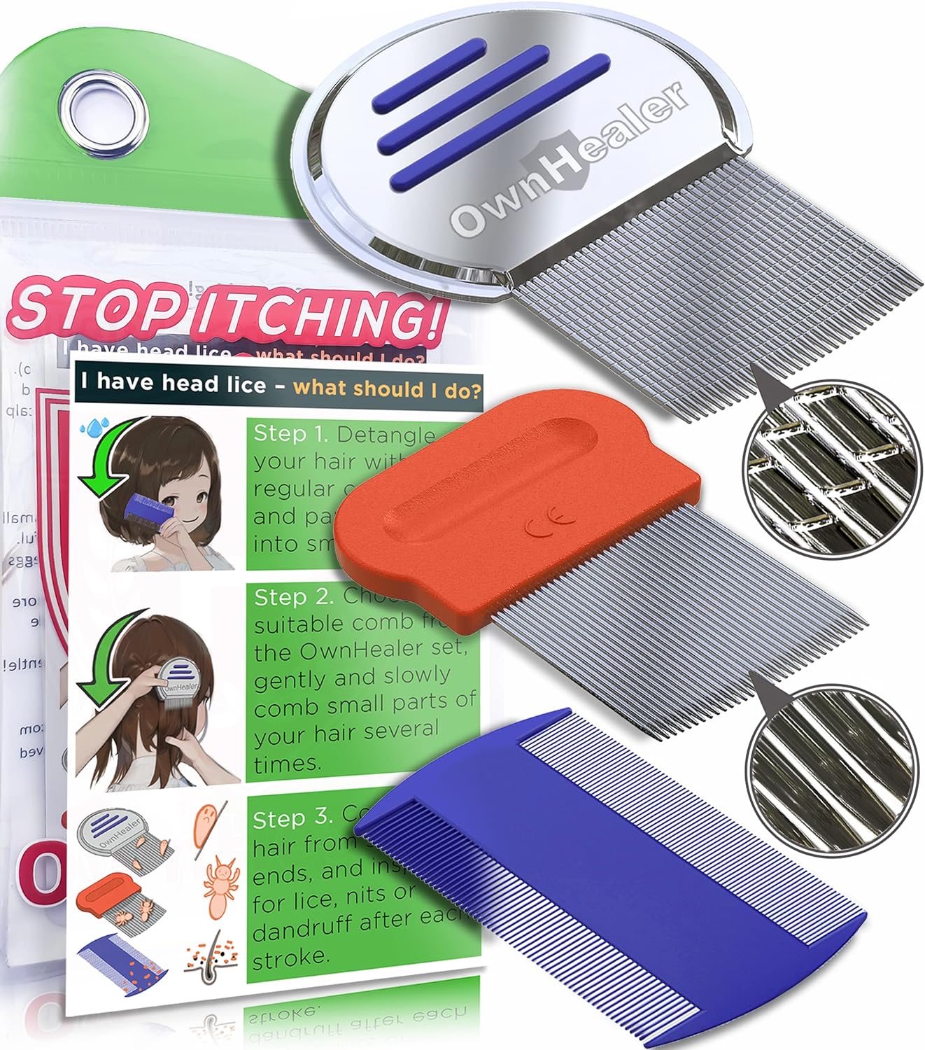 OWNHEALER Professional Lice Comb Kit - for Lice, Nits, and Dandruff Removal. Qui...