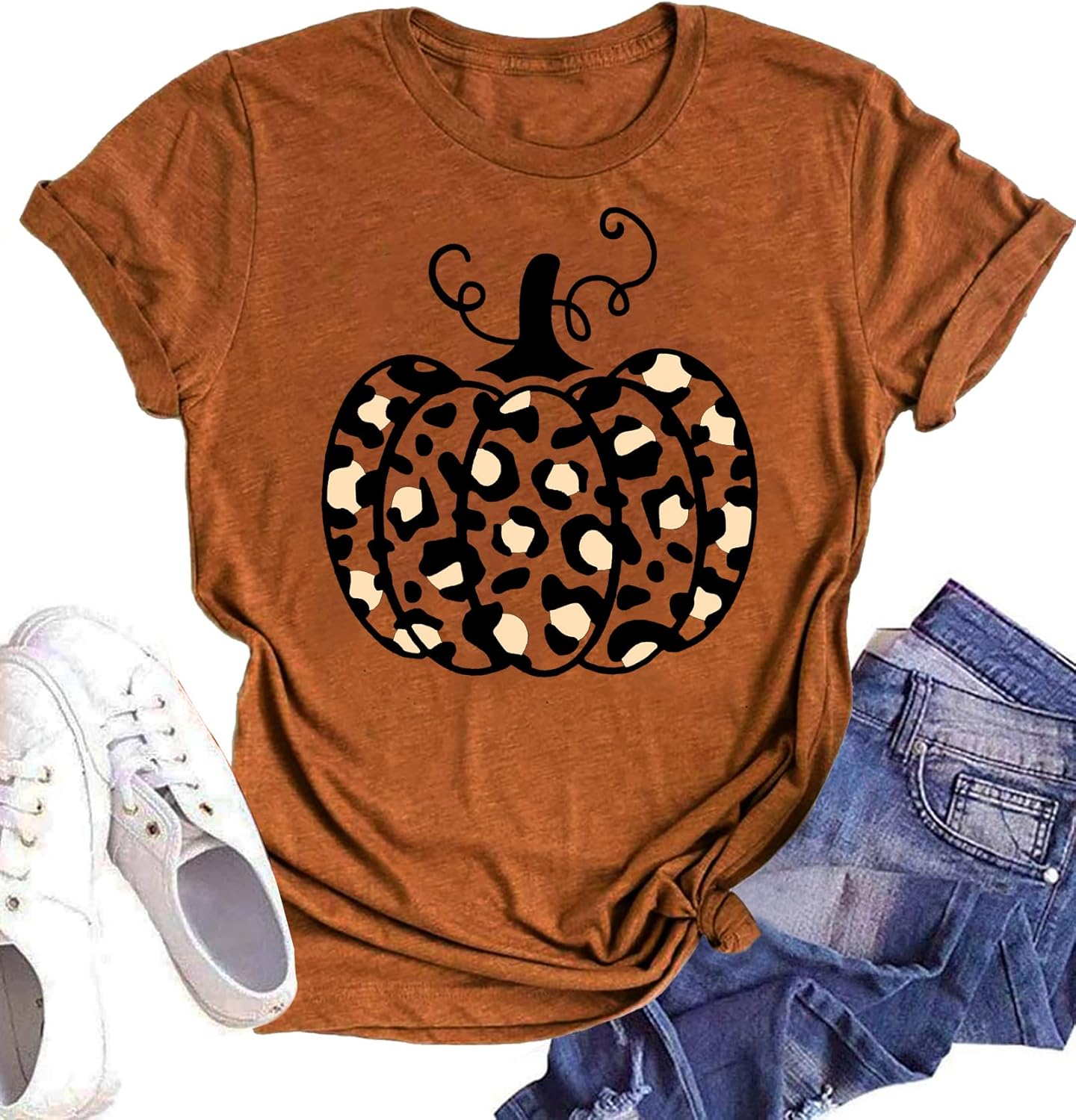 Halloween Pumpkin Shirt Women Leopard Graphic Tees Short Sleeve Fall T-Shirt Tha...