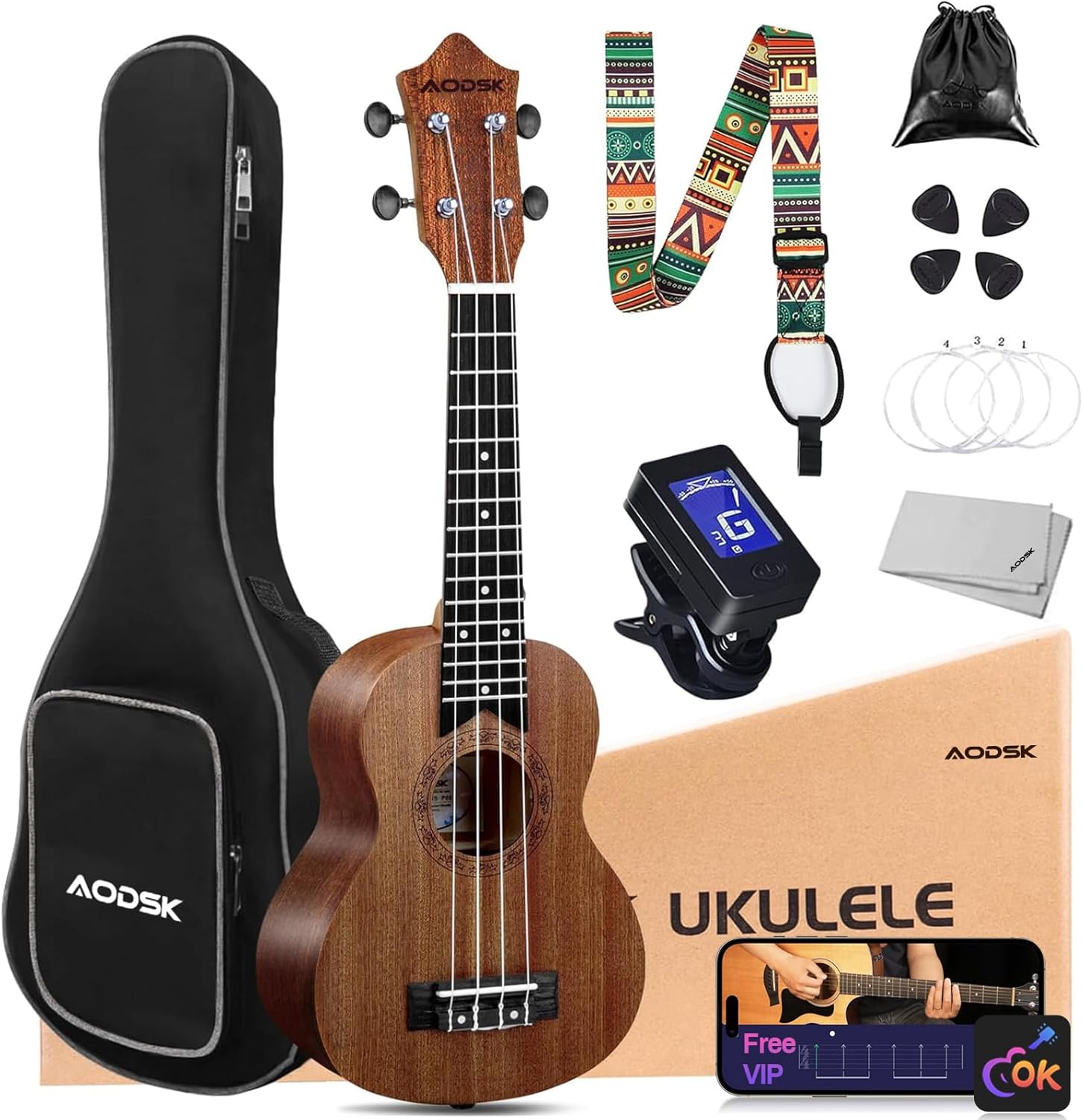 AODSK Soprano Ukulele for Beginners Kit for Kid Adult Student,Sapele Hawaiian St...