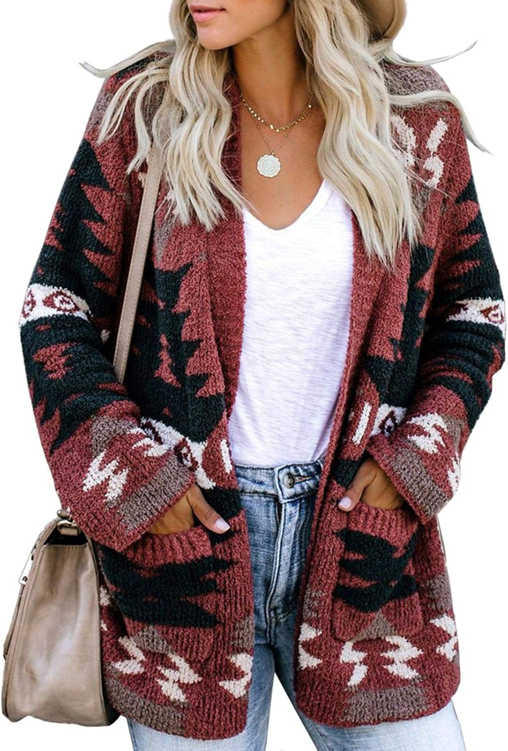 FERBIA Women Boho Cardigan Aztec Open Front Loose Slouchy Sweaters Tribal Long S...