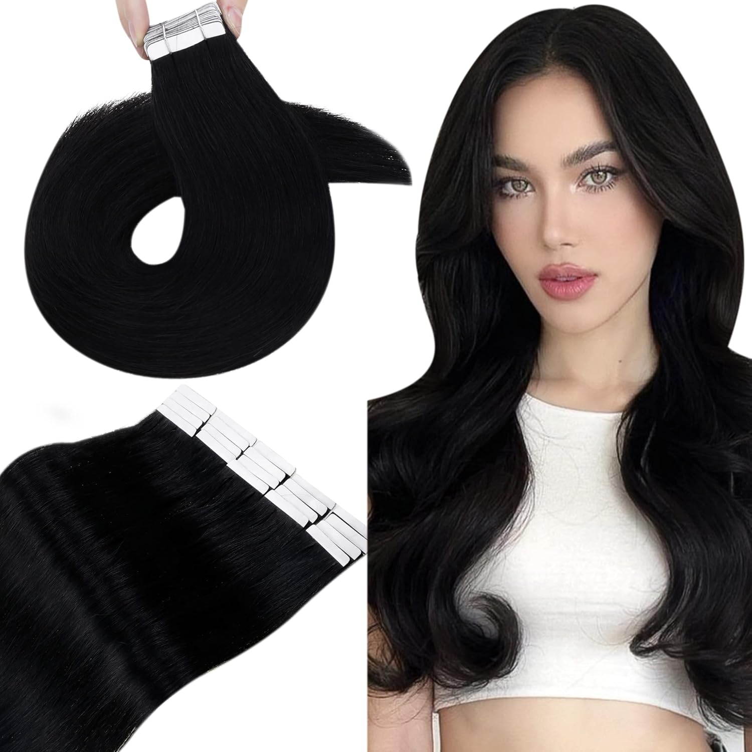 Hetto Tape in Hair Extensions Black Tape in Human Hair Extensions Jet Black Stra...