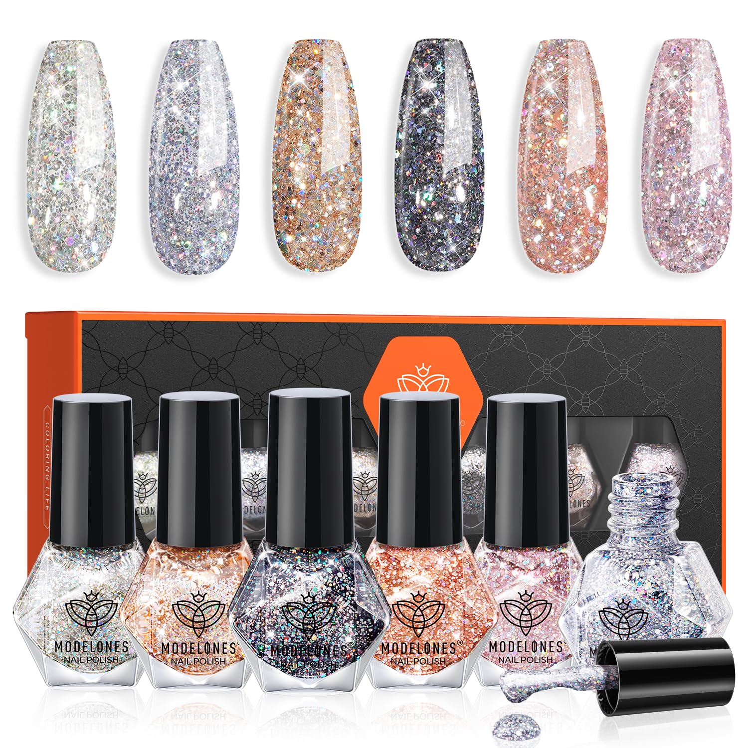 modelones Glitter Nail Polish Set 6 Colors Holographic Sparkle Glitter Nail Poli...