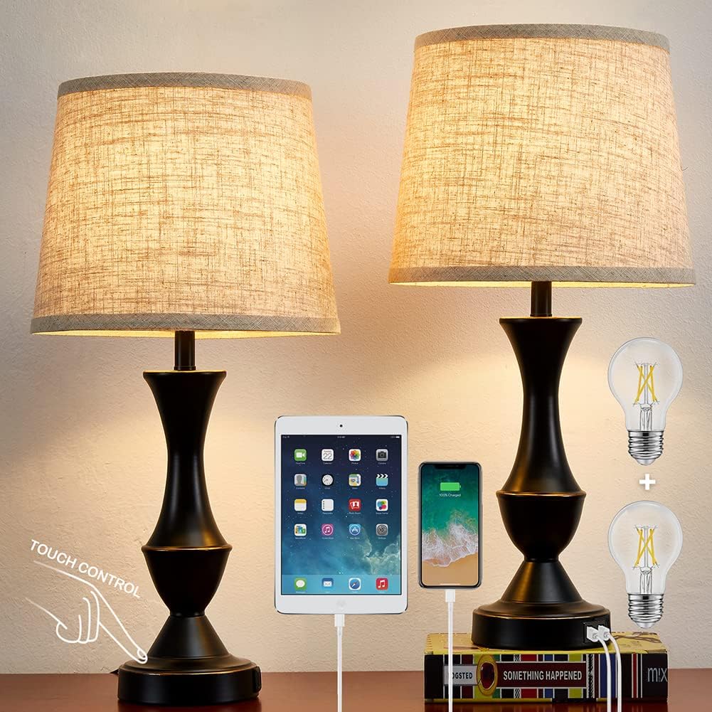 Luvkczc Touch Table Lamps Set of 2, 22" Tall Bedside Lamps with USB C+A Ports, 3...