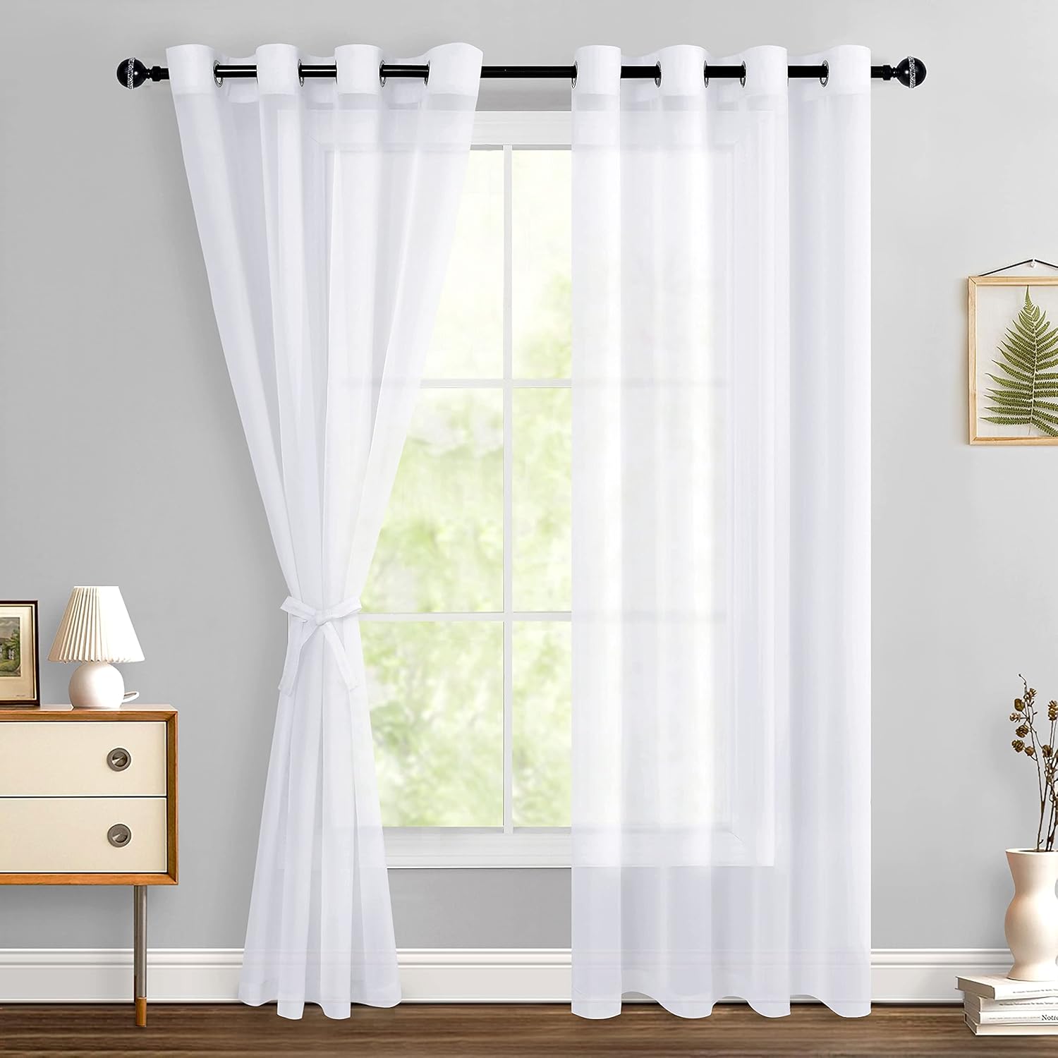 Hiasan White Sheer Curtains 84 Inches Long with Tiebacks, Light Filtering Semi T...
