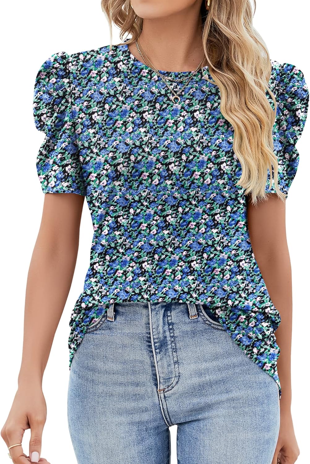 Ivicoer Puff Short Sleeve Shirt for Women Eyelet Tops Summer Crewneck Blouse Loo...