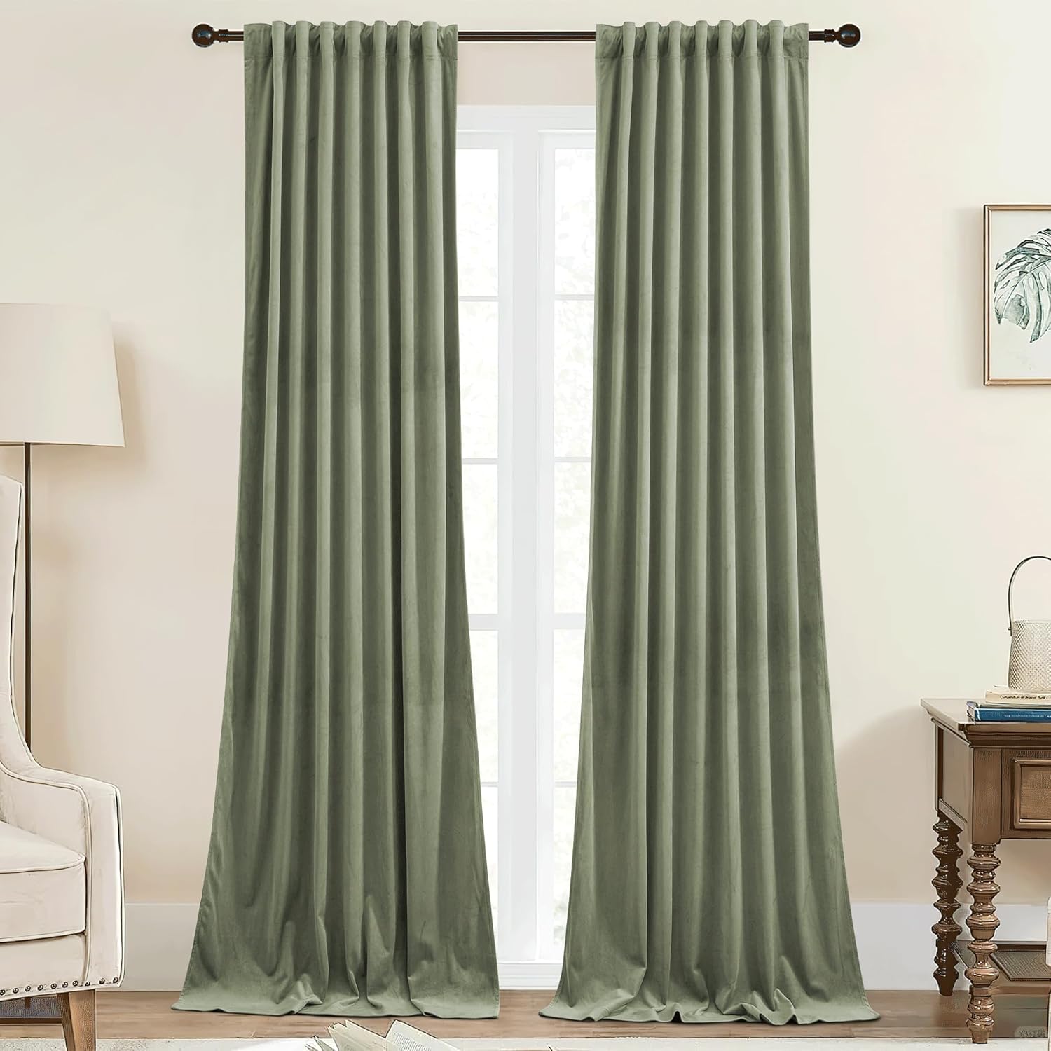 StangH Sage Green Curtains for Living Room Soft Velvet Back Tab Nursery Bedroom...