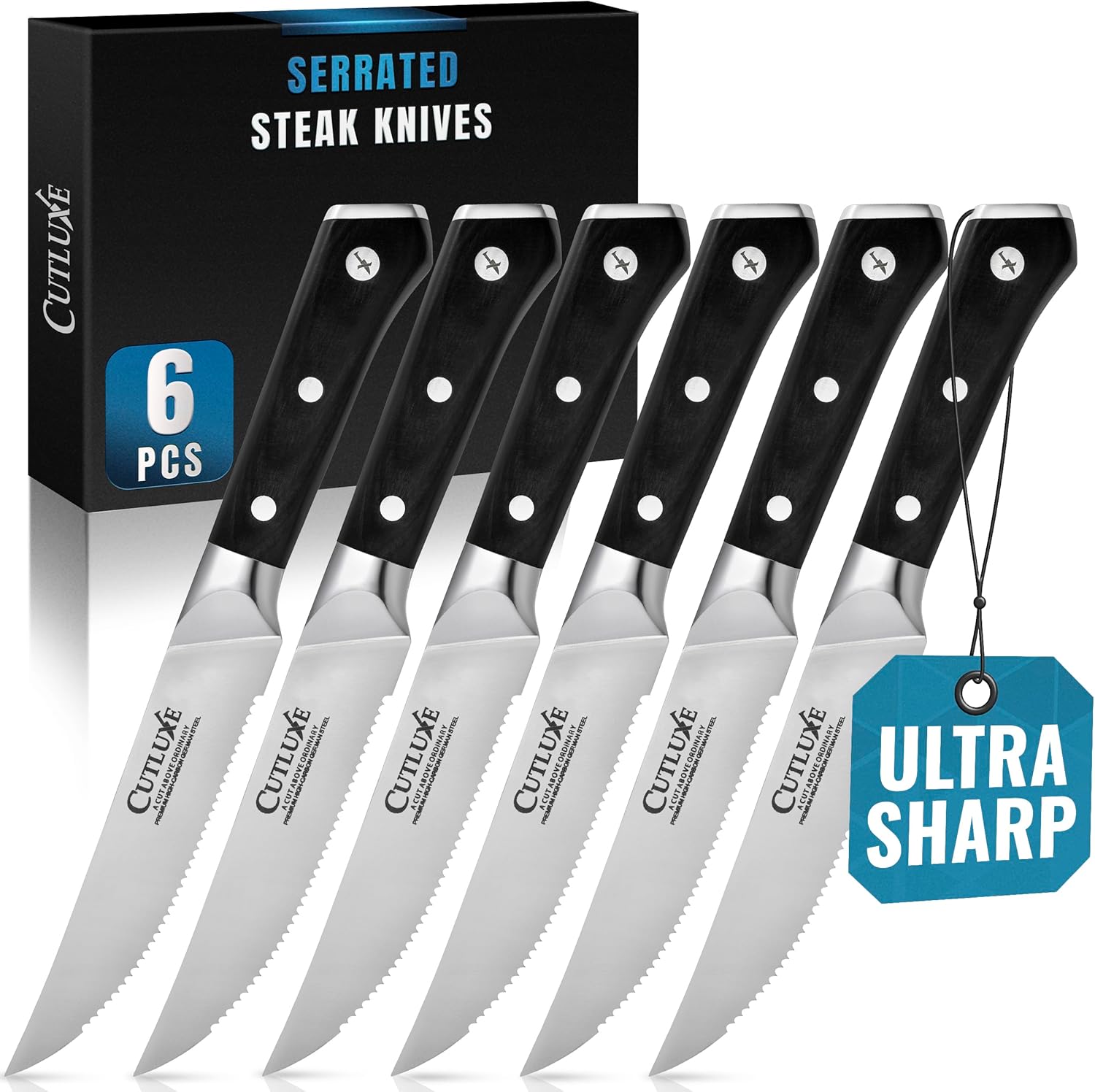 Cutluxe Steak Knives Set of 6, Serrated Steak Knives – Forged High Carbon German...