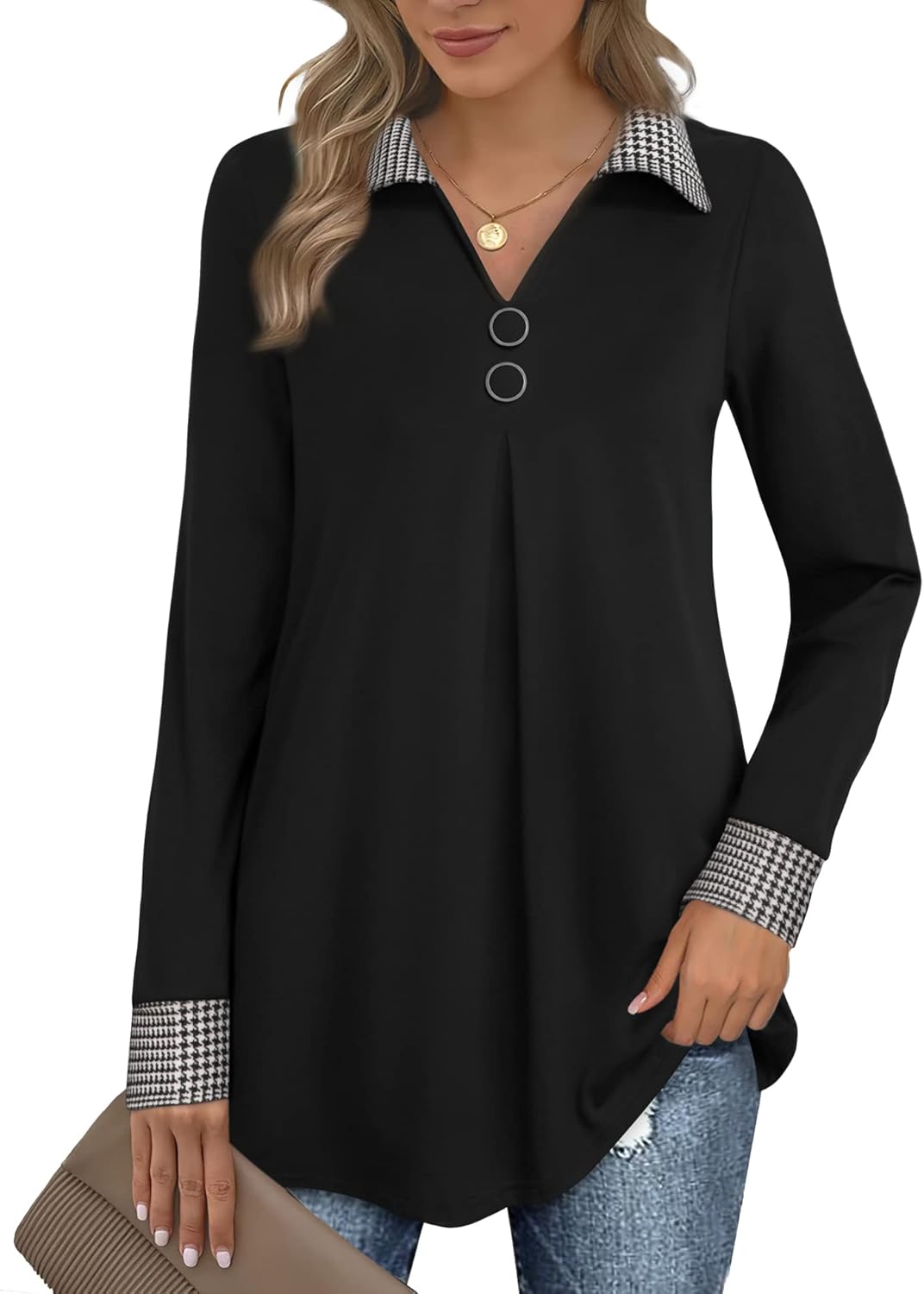 Bebonnie Womens Long Sleeve Casual Lapel V Neck Pullover Tunic Blouse Tops with...