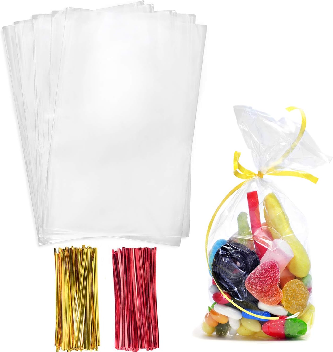 Morepack Cellophane Treat Bags,5x11 Inches 200 Pcs Clear Cellophane Bags with Tw...