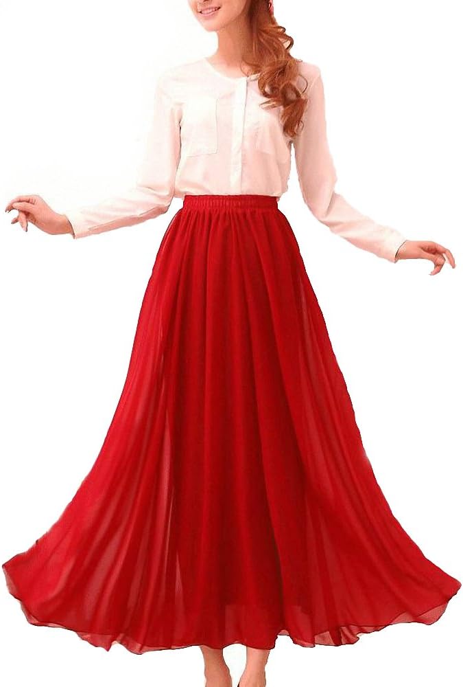 Afibi Womens Chiffon Retro Long Maxi Skirt Beach Ankle Length Skirt Medium Red