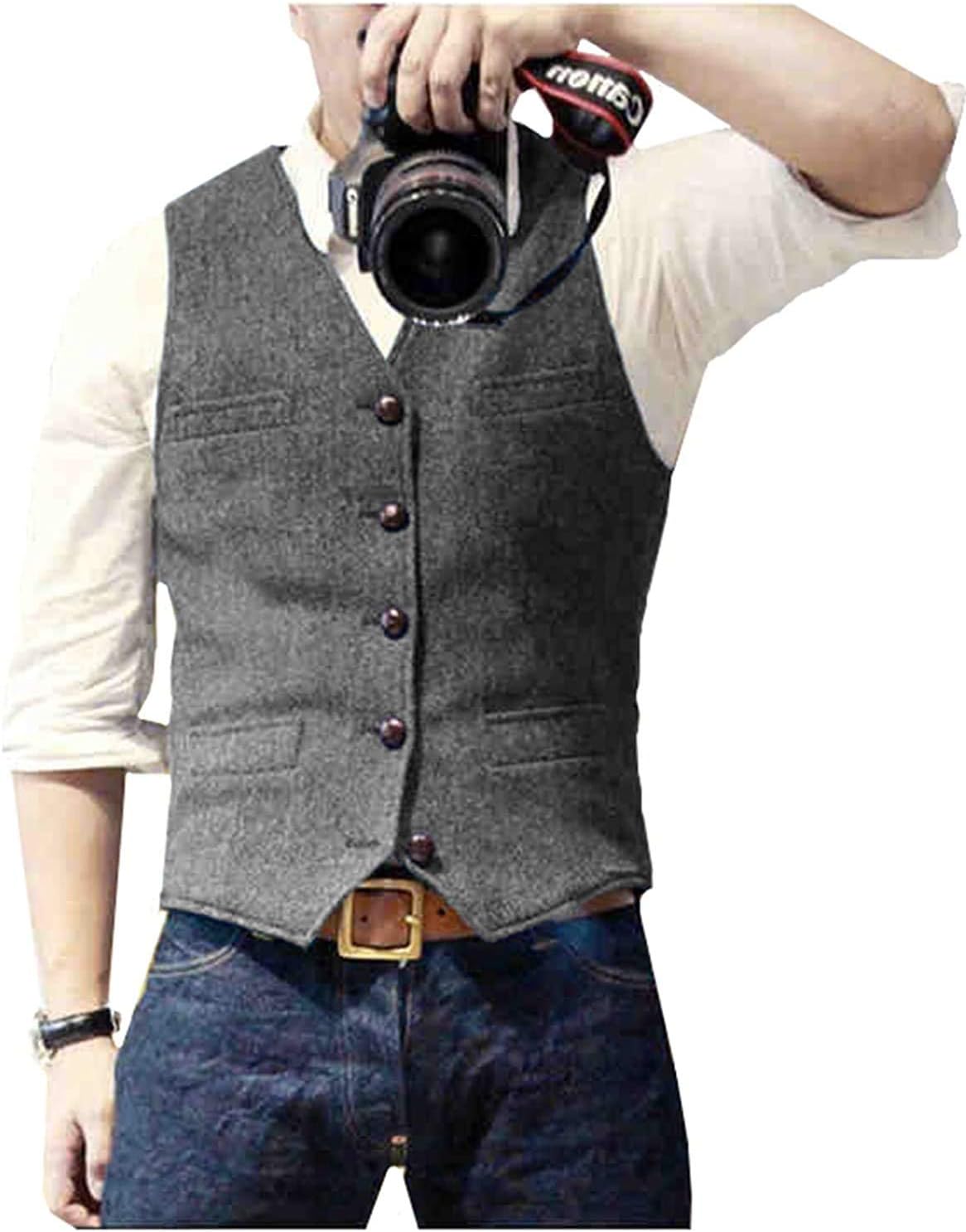Ceehuteey Mens Suit Vest Waistcoat Tweed Retro V Neck Wool Herringbone for Prom...