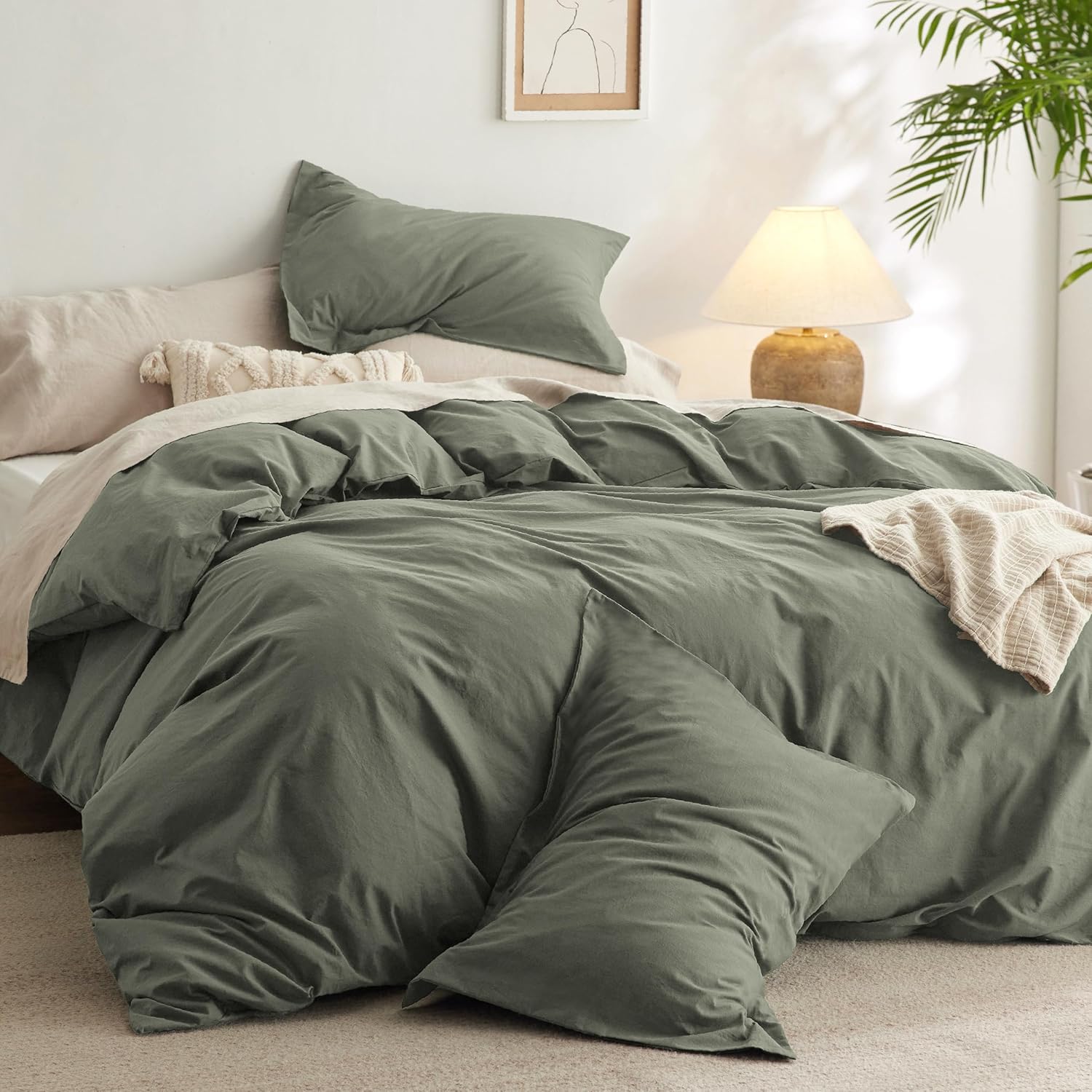 Bedsure Comforter Set King Size Grayish Olive Green - Cotton Fabric with Microfi...