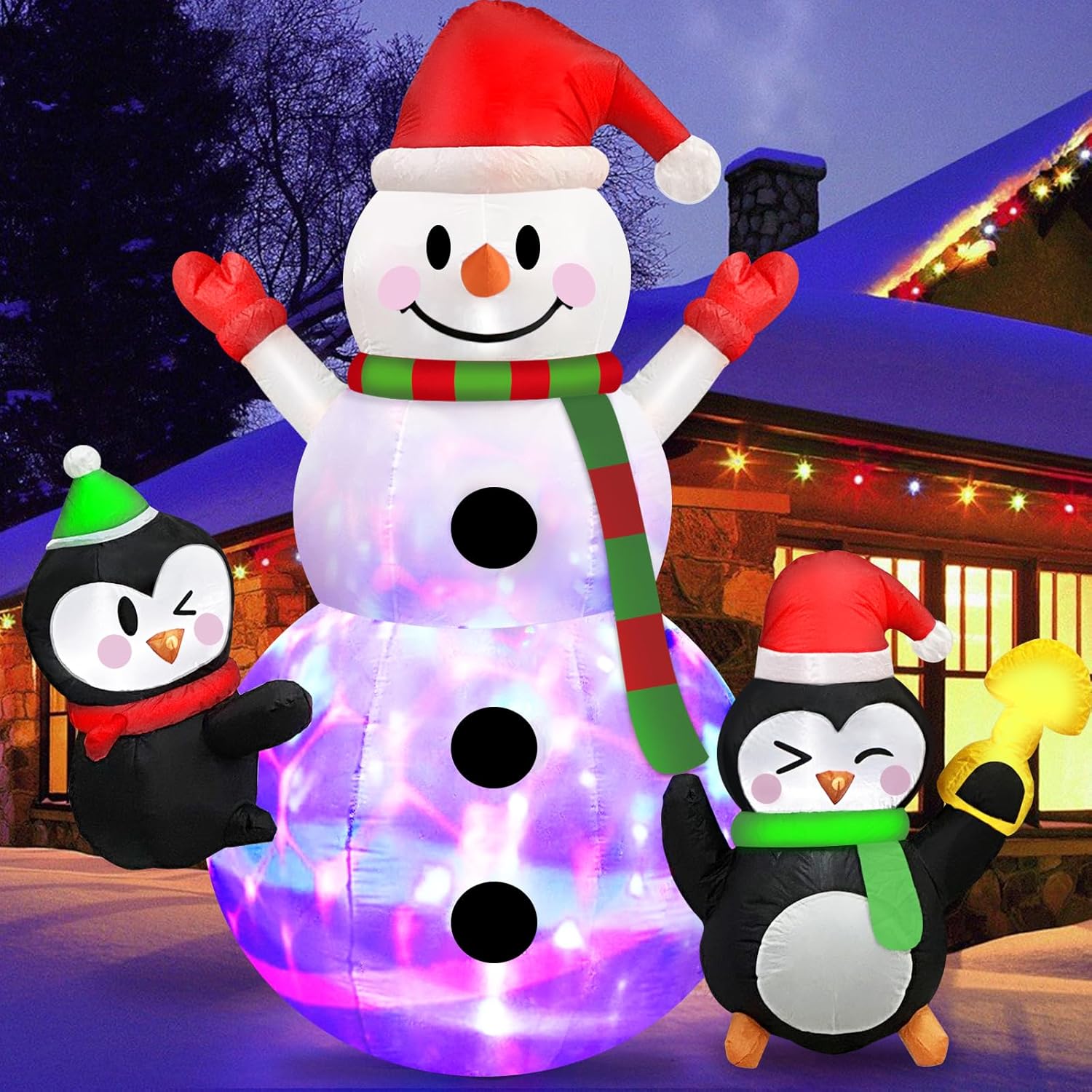 Danxilu 6 FT Christmas Inflatables Snowman with Penguins Built-in Rotating Color...