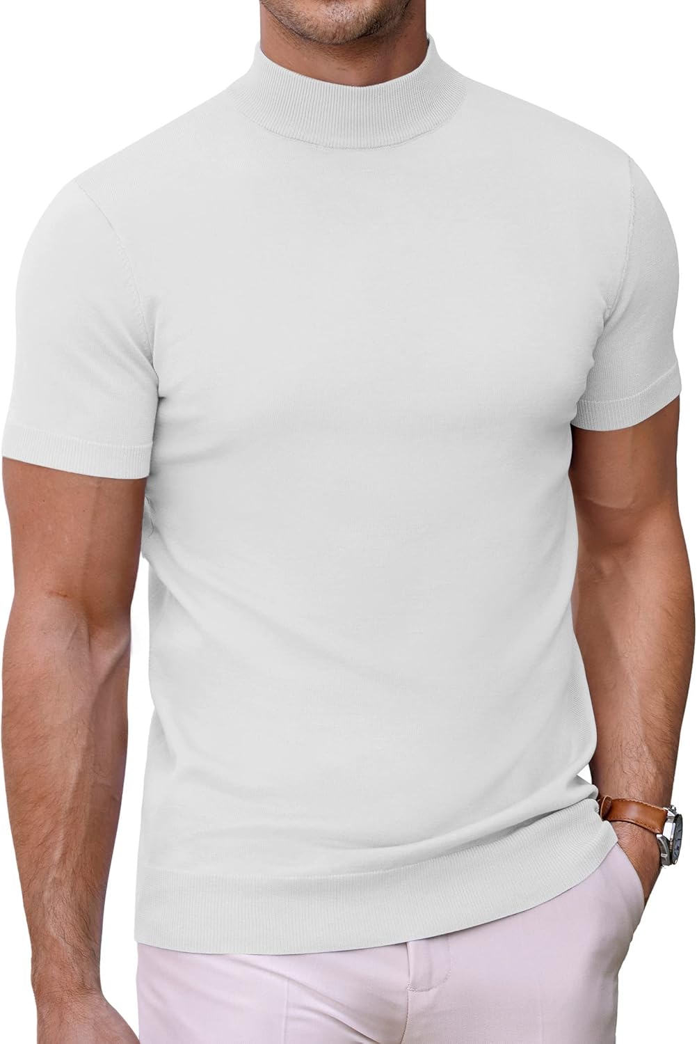 COOFANDY Mens Mock Turtleneck Sweater Short Sleeve Solid Color T-Shirts Basic Sl...