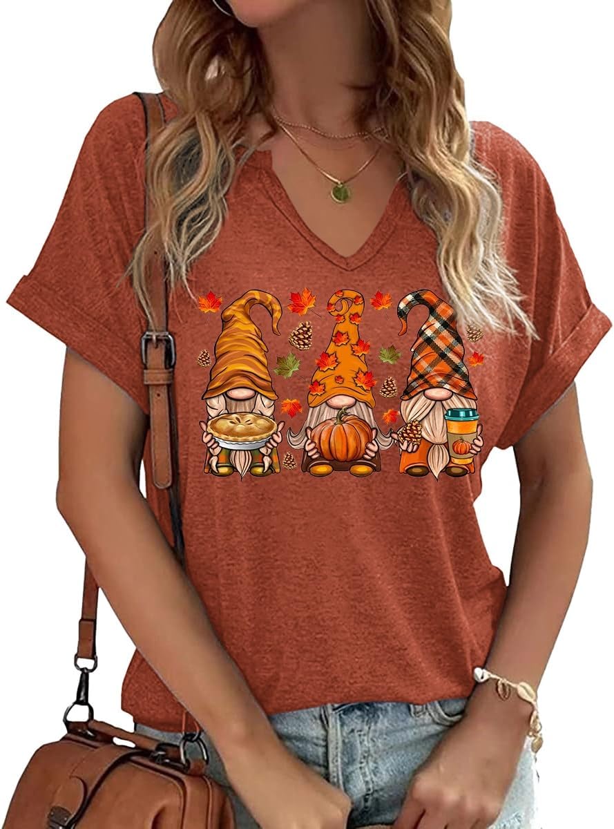 Women Fall Halloween Doodles V Neck Shirt Funny Family Party Celebration Short S...