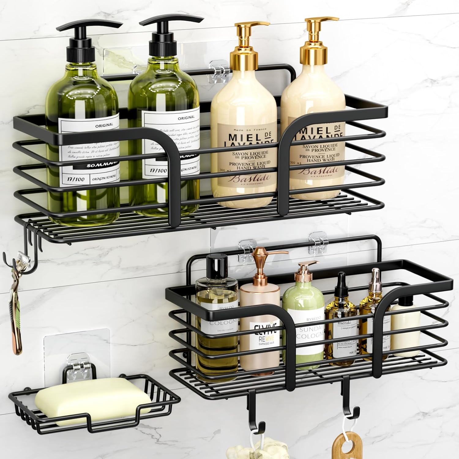 Shower Caddy, Adhesive Shower Organizer with Soap Dish and 4 Hooks, Rustproof St...