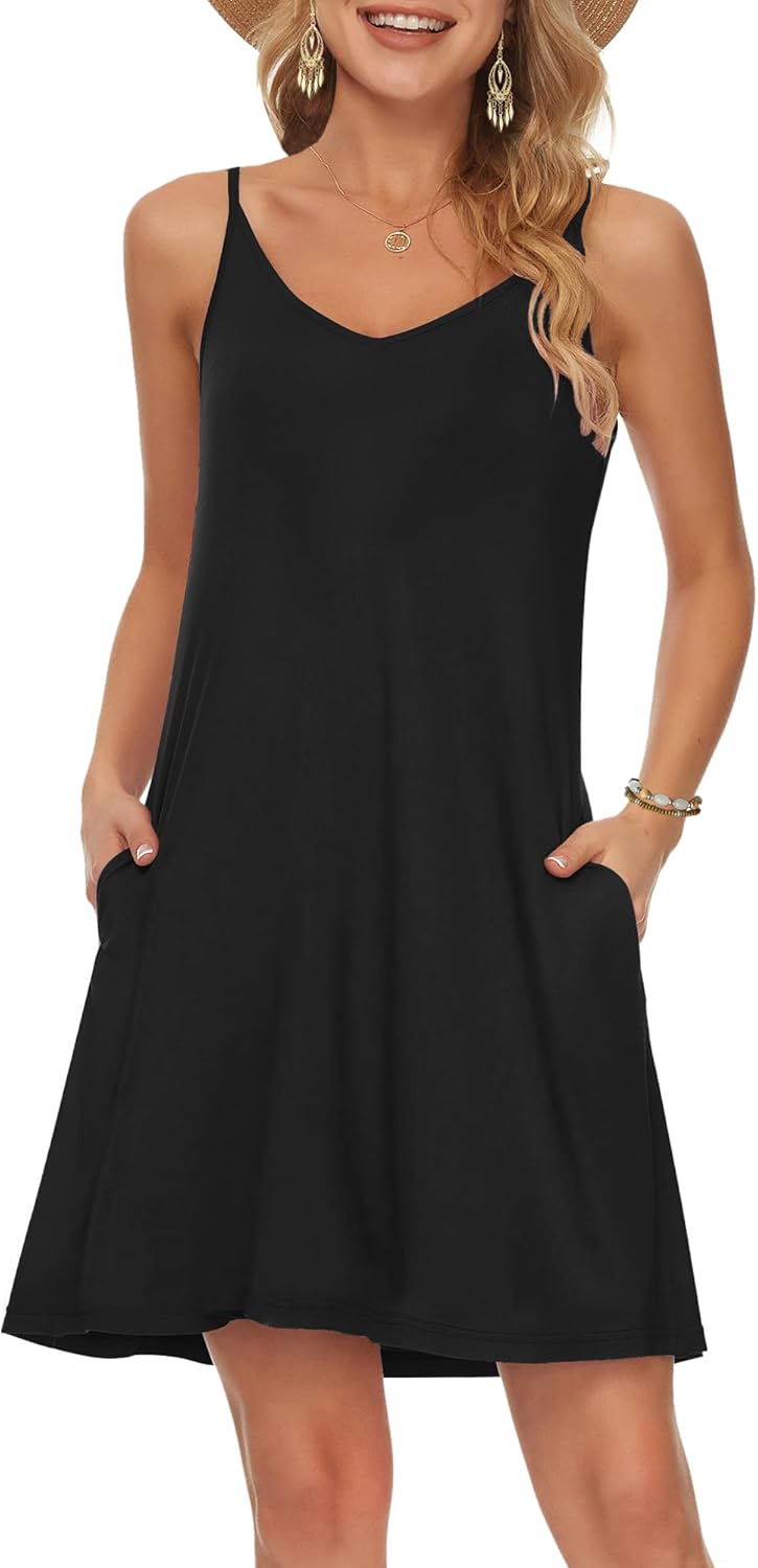 MISFAY Women's Summer Spaghetti Strap Casual Swing Tank Beach Cover Up Dress wit...