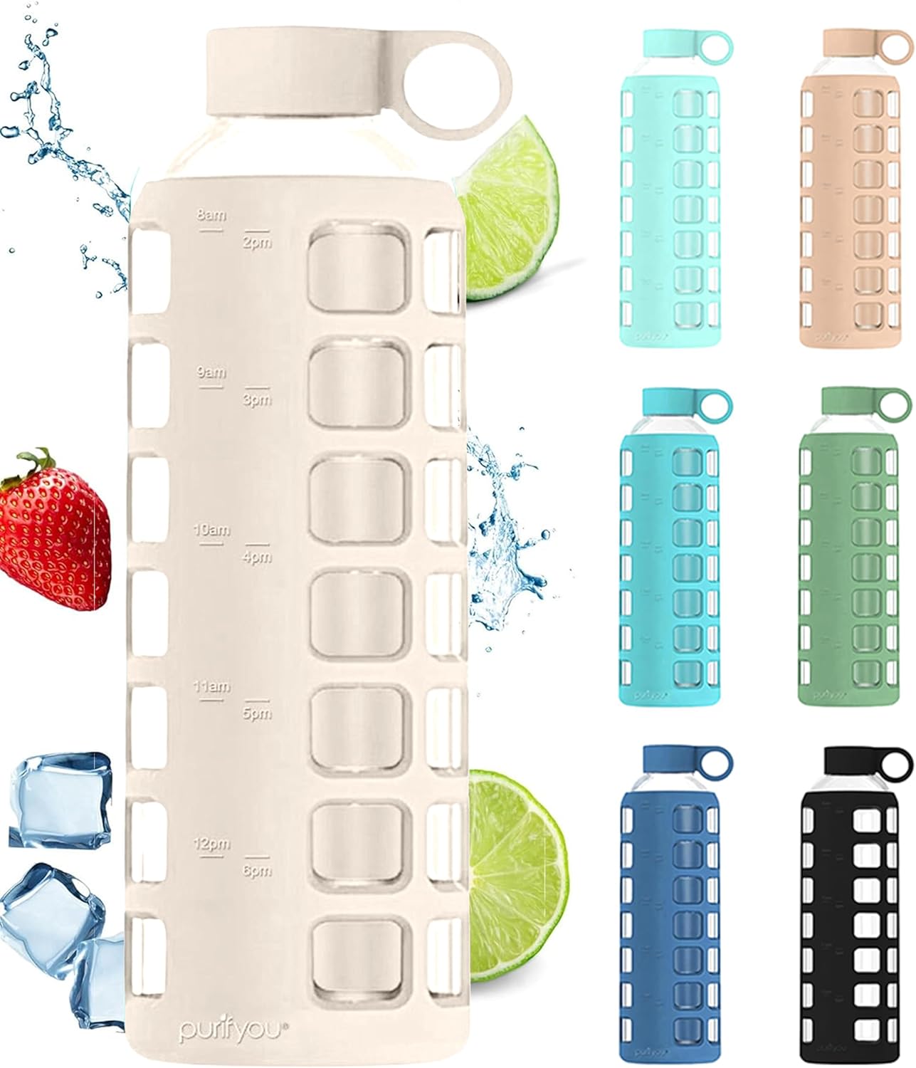 purifyou 40/32/22/12 oz Reusable Borosilicate Glass Water Bottles with Time and...