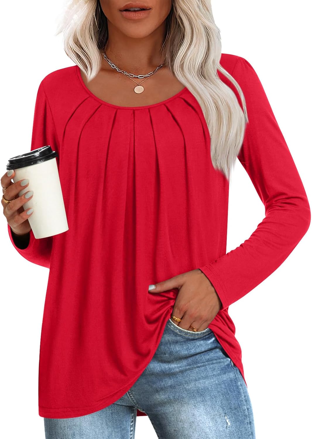 Anymeet Long Sleeve Tunic Top for Women Fall Fashion 2024 Casual Pleated Shirts...