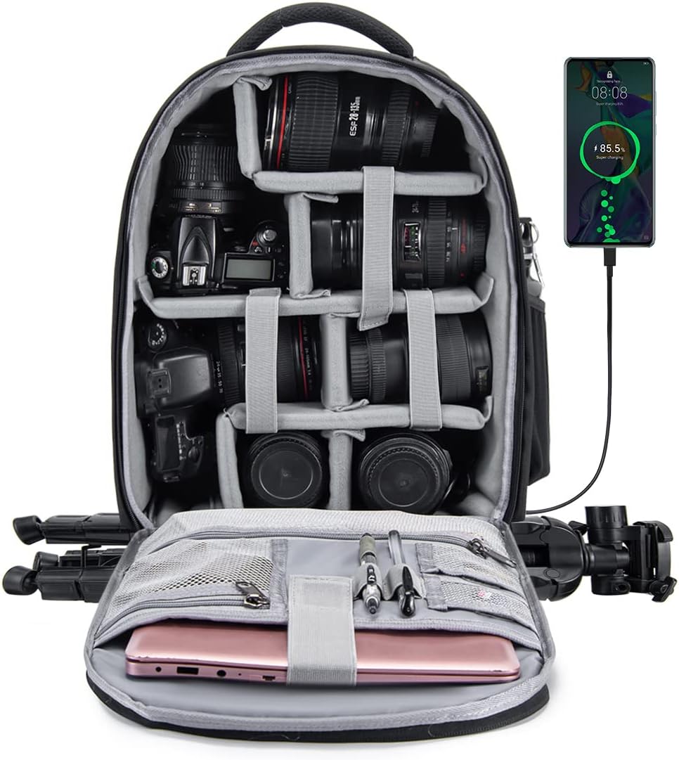 Cwatcun Camera Backpack, Professional Photography DSLR Bag with USB Charging Por...