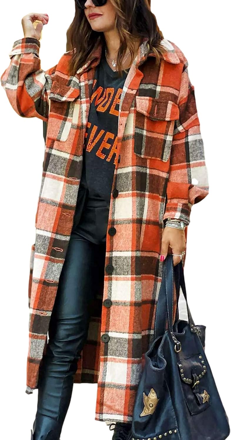 Himosyber Women's Casual Plaid Lapel Woolen Button Up Pocketed Long Shacket Coat...