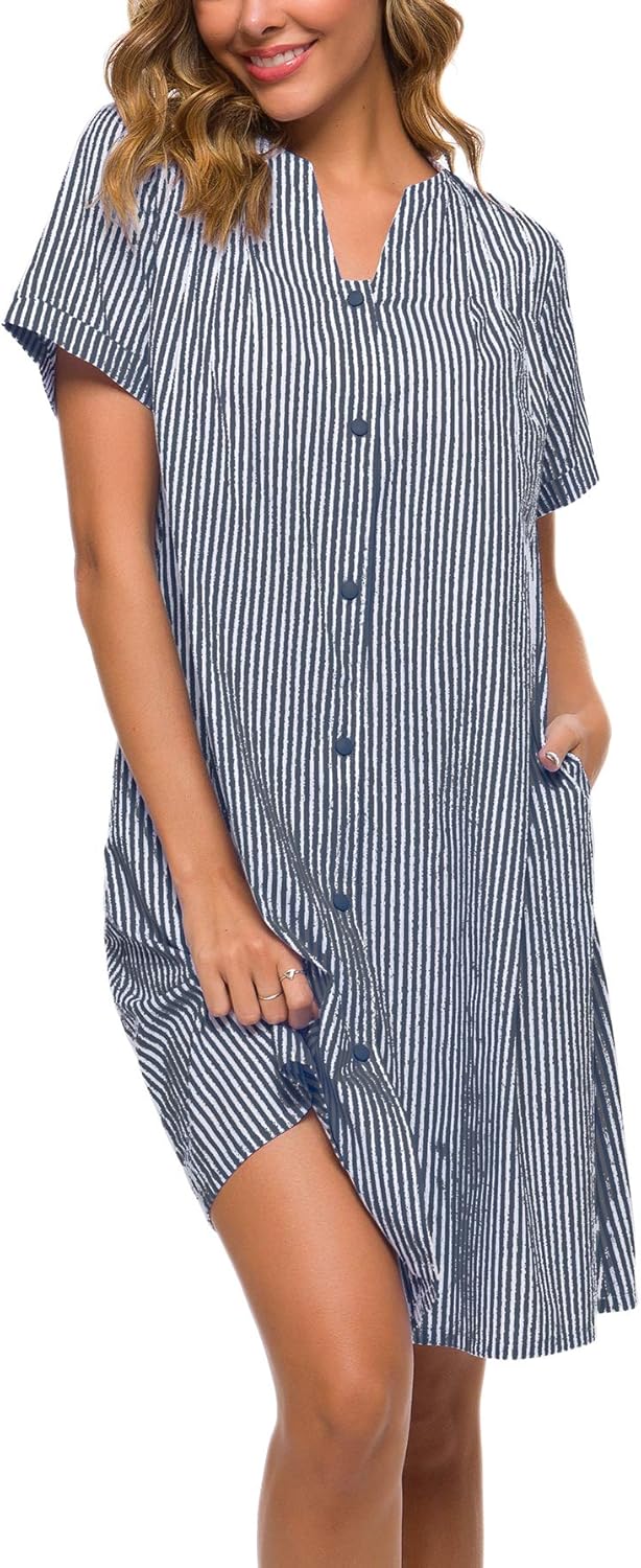 YOZLY House Dress Women Cotton Duster Robe Short Sleeve Housecoat Button Down Ni...