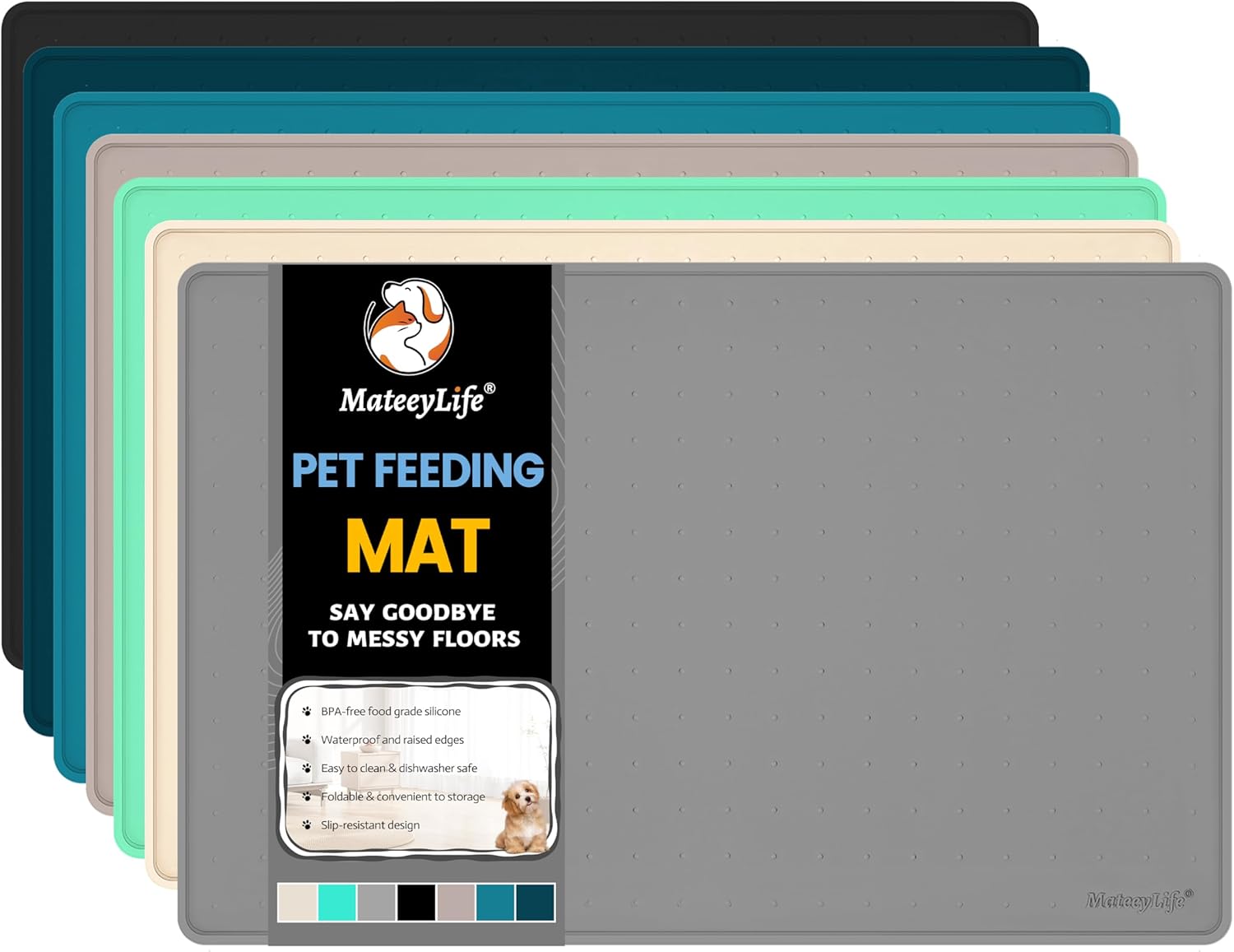 MateeyLife Dog & Cat Food Mat for Floors Waterproof, Nonslip Dog Bowl Mats for F...