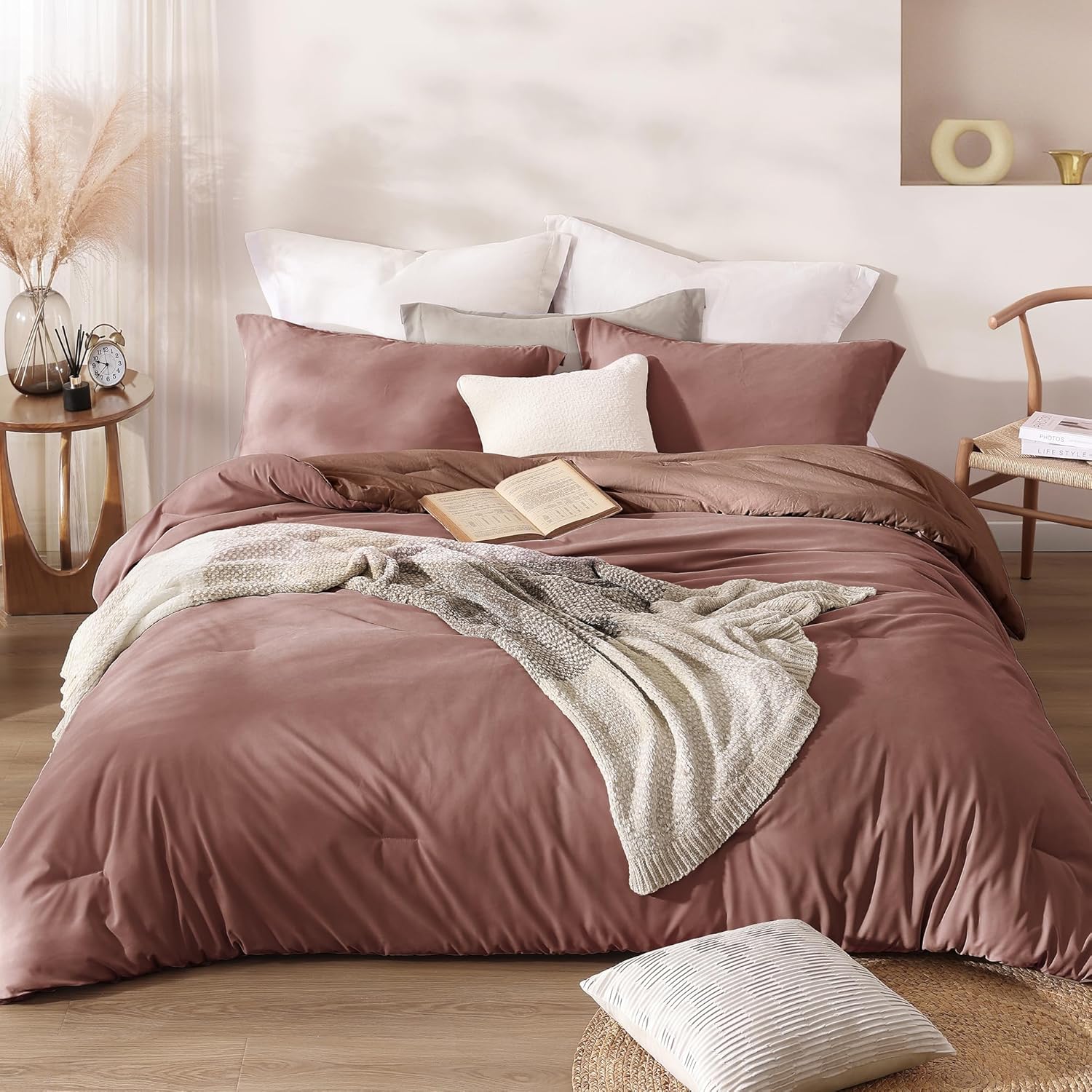 Pink Clay King Size Comforter Set - 3 Pieces Microsuede Bed Set, King Size Beddi...