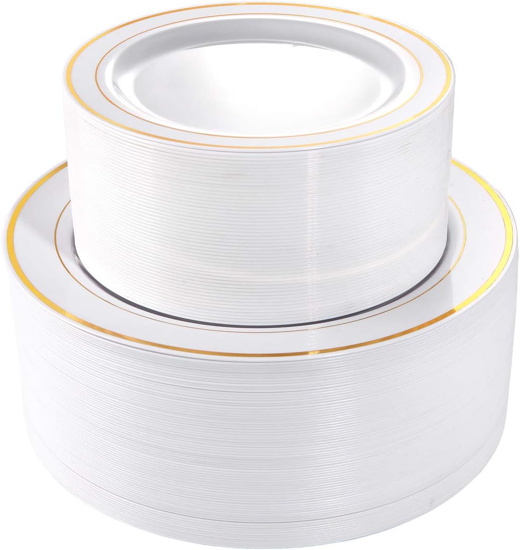 I00000 102 Pieces Gold Plastic Plates, Disposable Party Plates White Gold Rim, 5...