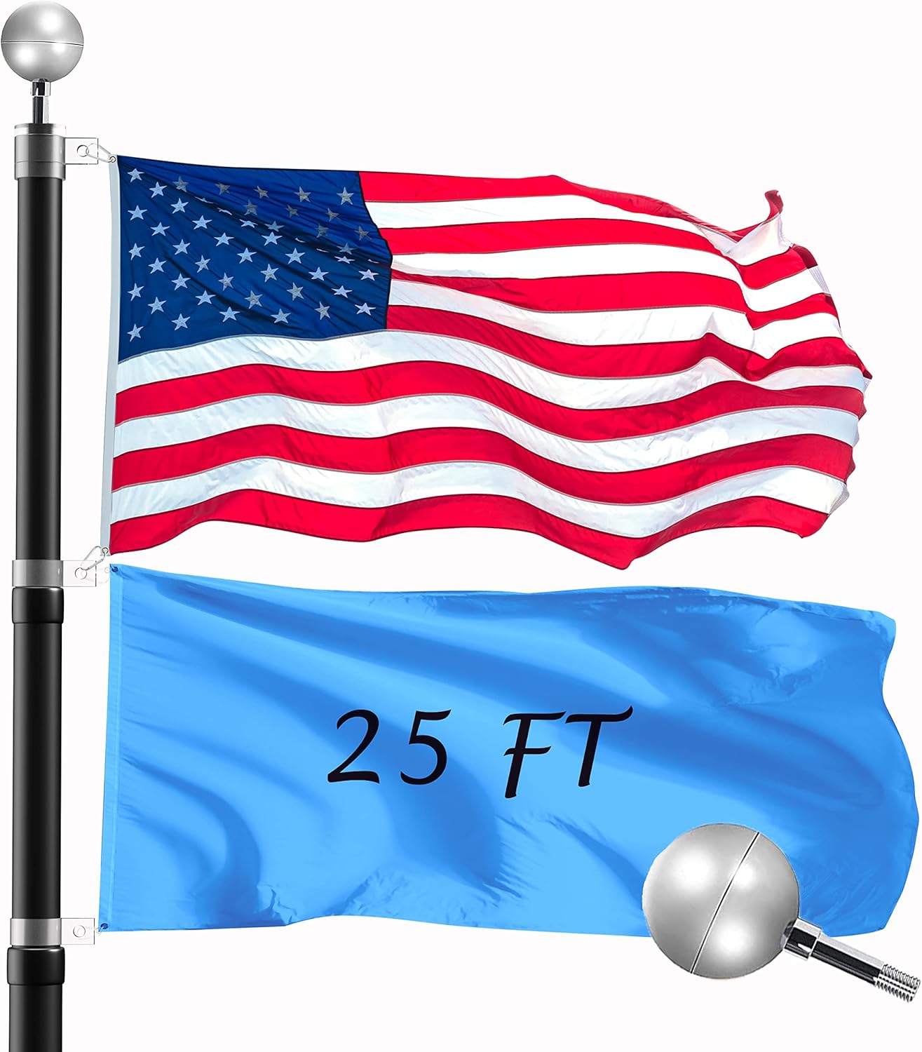 25FT Telescopic Flag Pole Kit: Extra Thick Telescoping Flag Poles, Black Heavy D...