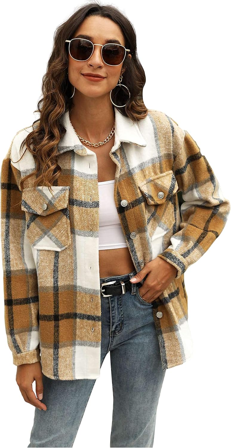 UANEO Womens Plaid Shacket Button Down Wool Blend Fall Flannel Shirt Jacket Khak...