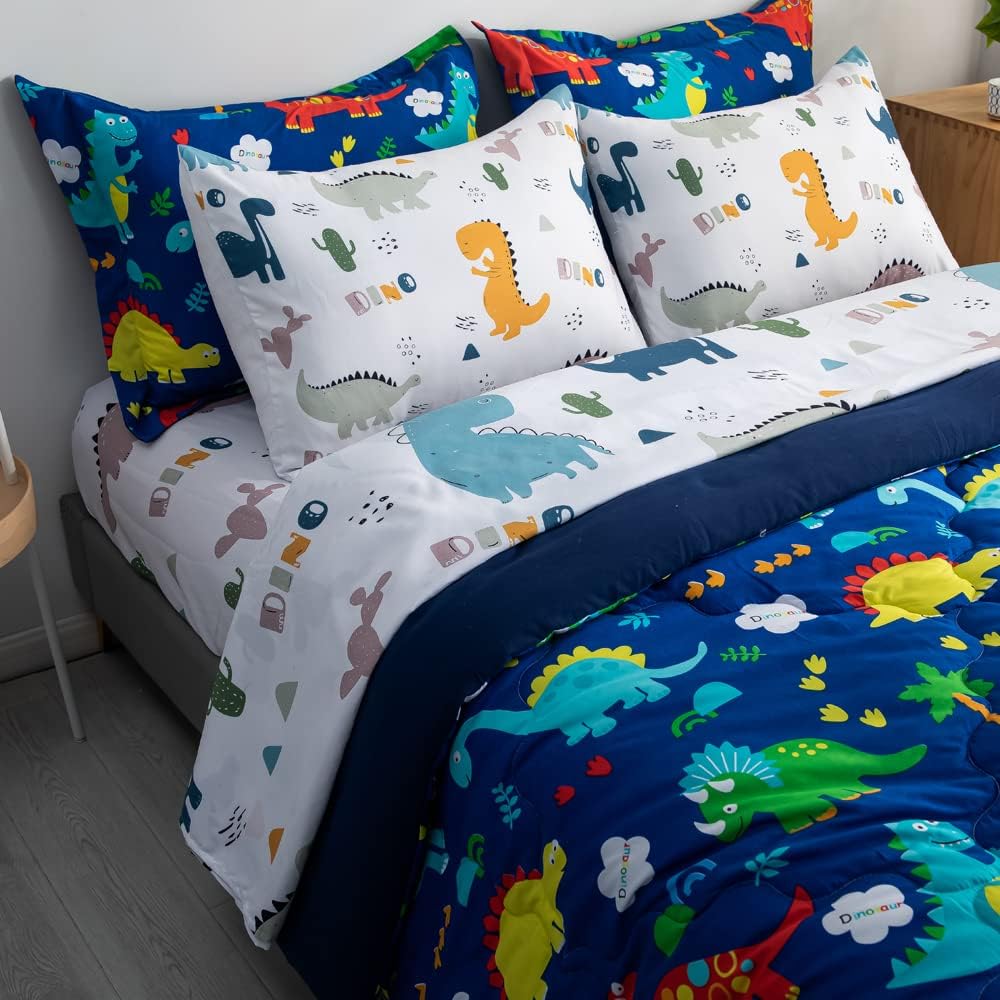 Wajade 7 Piece Kid Boys Dinosaur Comforter Set Twin Size 3D Blue Dinosaur Wild P...