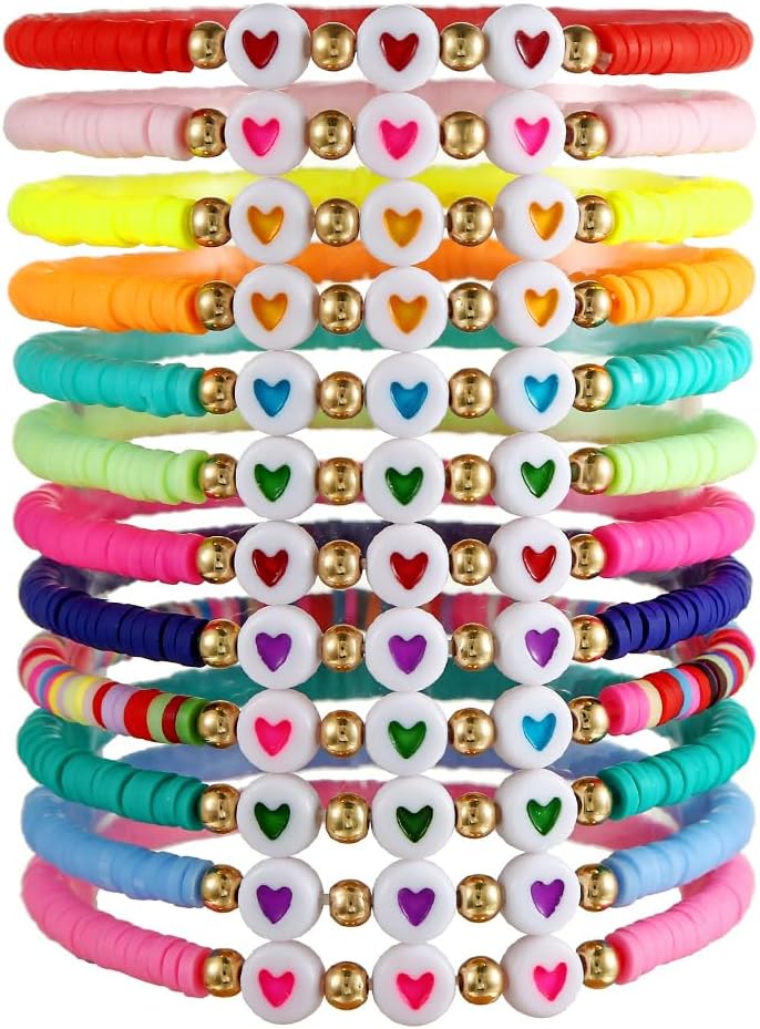 Heishi Surfer Clay Bead Bracelets Set for Women - Preppy Smile Evil Eye Beaded S...